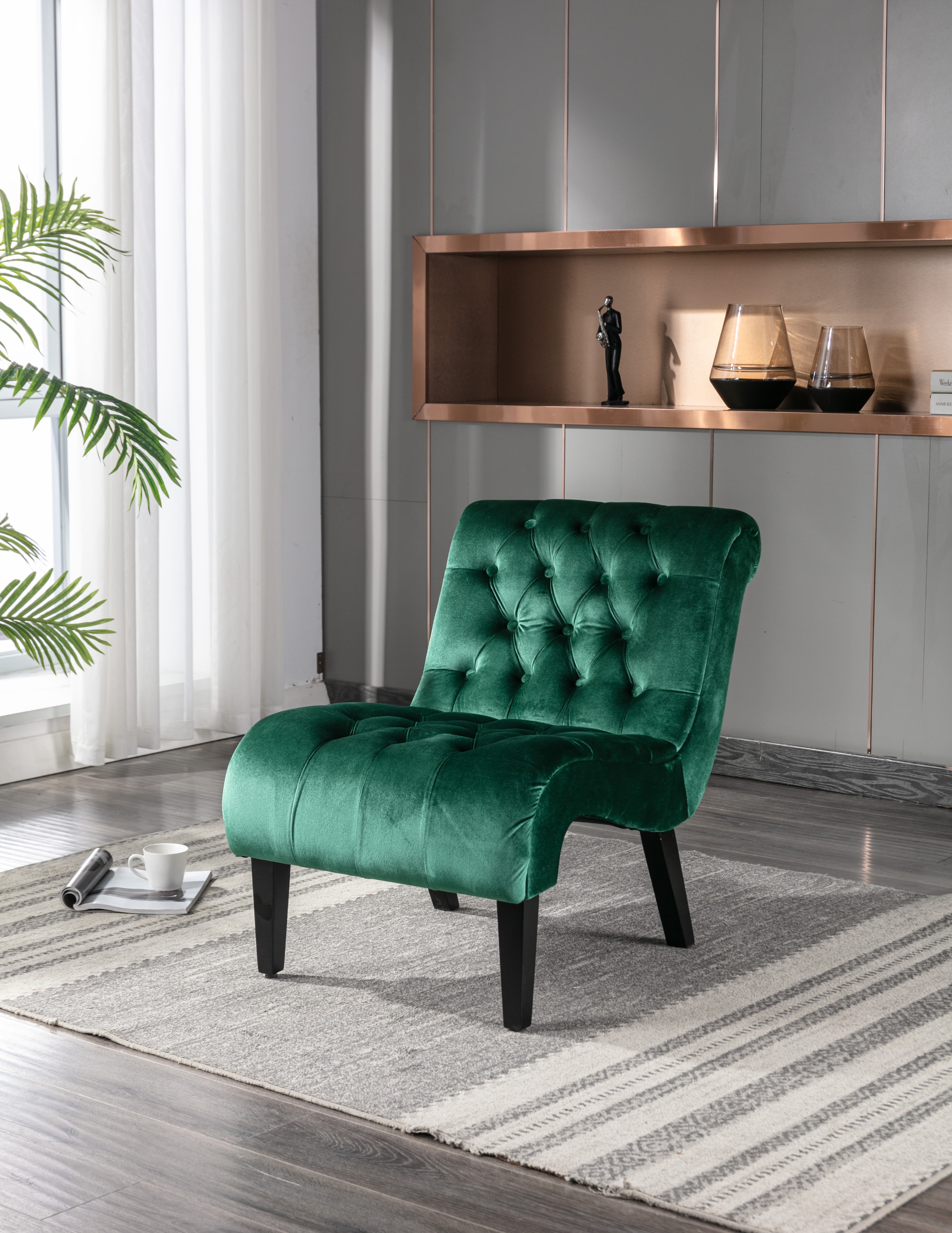 COOLMORE Modern Velvet Armless Accent Living Room Chair Leisure Chair,Upholstered Fabric Button Comfortable Chair With Wooden Legs For Bedroom, Living Room, Office Green Velvet 5
