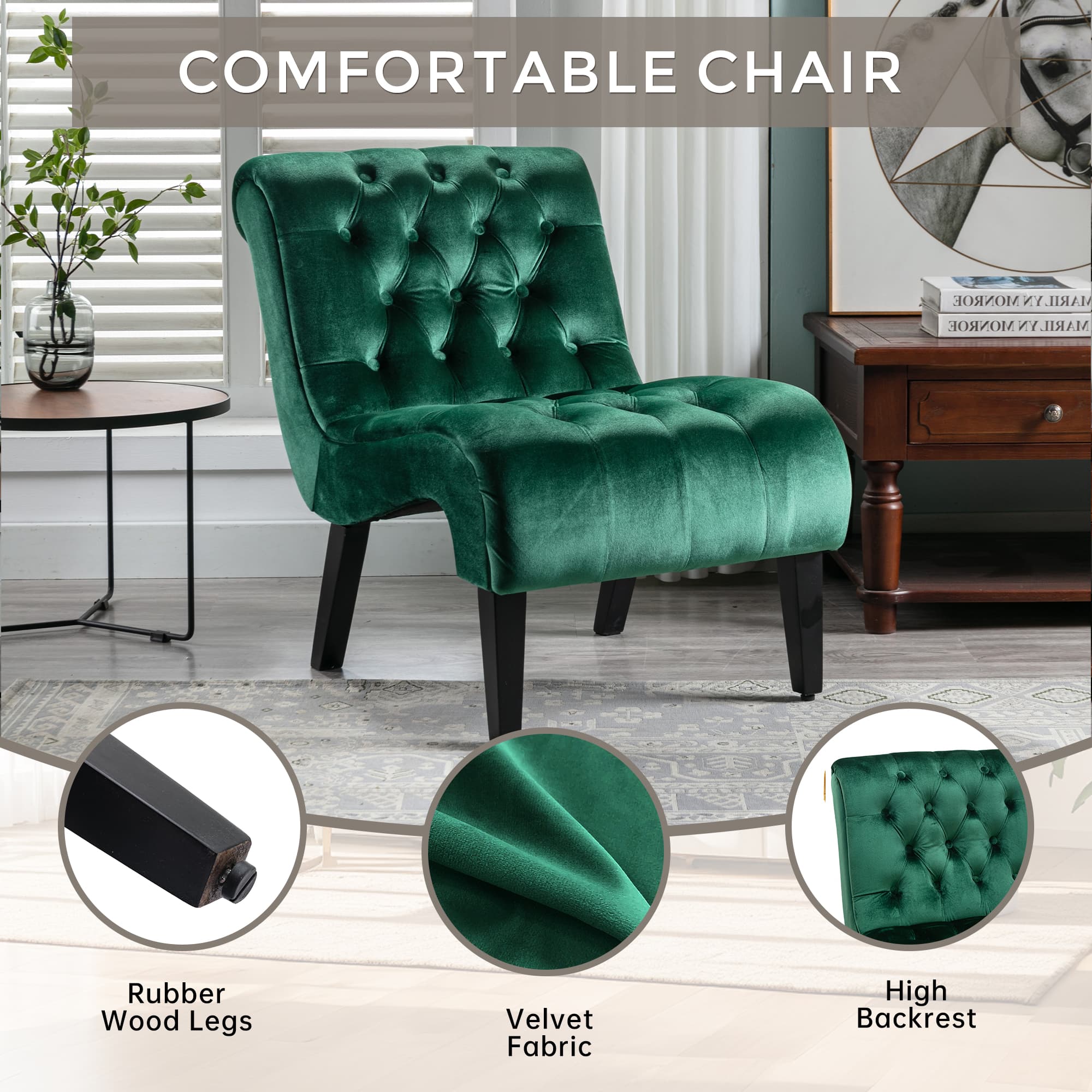 COOLMORE Modern Velvet Armless Accent Living Room Chair Leisure Chair,Upholstered Fabric Button Comfortable Chair With Wooden Legs For Bedroom, Living Room, Office Green Velvet 3