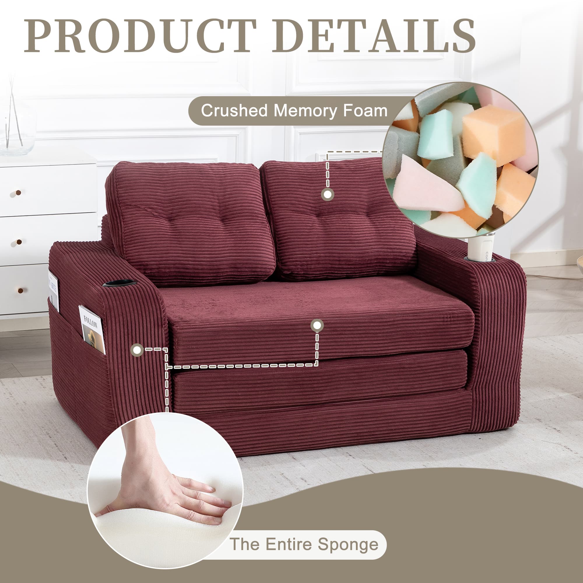 Convertible Sofa Bed,Expandable Double Sofa Bed, 2 In 1 Convertible Sofa Bed, Fold Out Floor Couch With Pillows For Living Room Bedroom Lounge 3