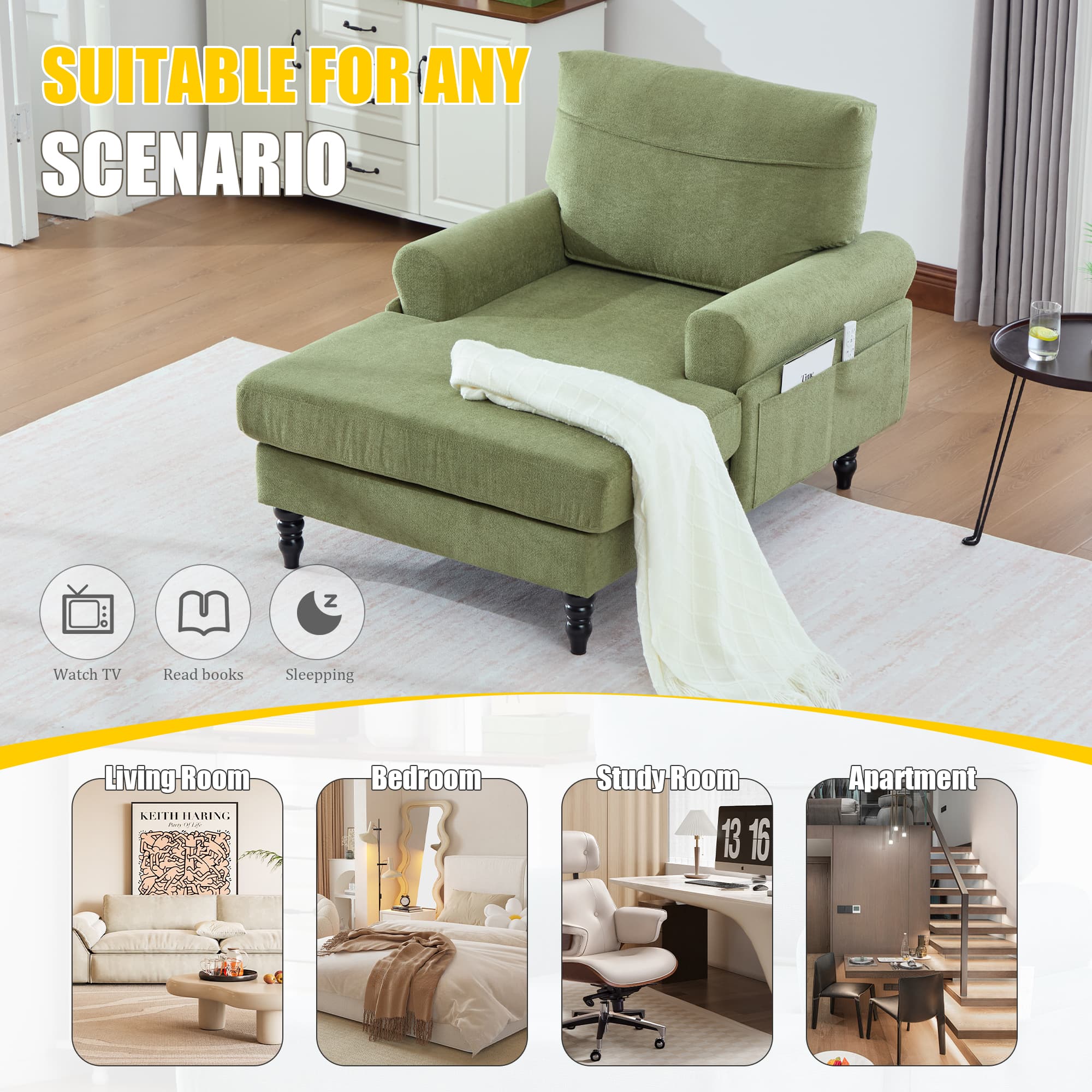 Modern Minimalist Chenille Fabric Chaise Lounge Recliner Single Sofa Living Room Bedroom Rest Chair Wooden Sofa Legs With Comfortable Backrest And Armrests Side Pockets For Storage Suitable For Office 5