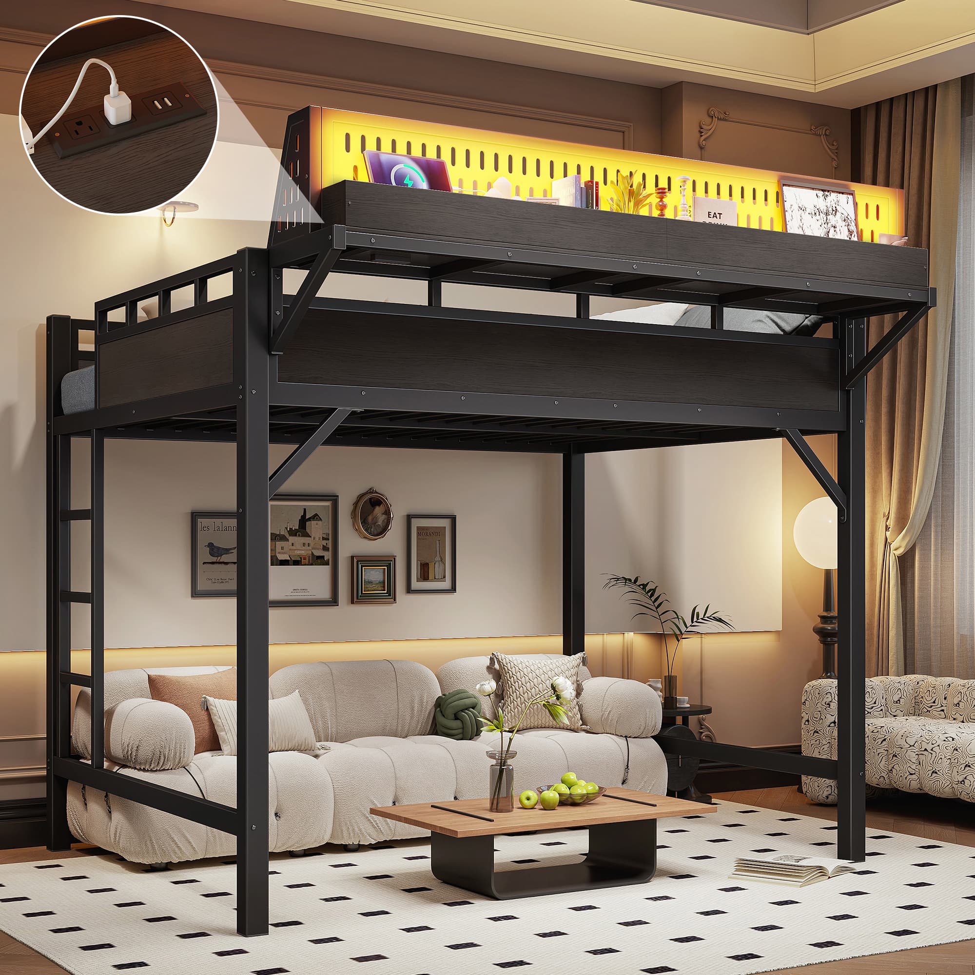Ful Size Loft Bed Frame With Storage Shelves And Pegboard, Metal Loft Bed With USB Ports And LED Lights, Safe And Sturdy, Black 3