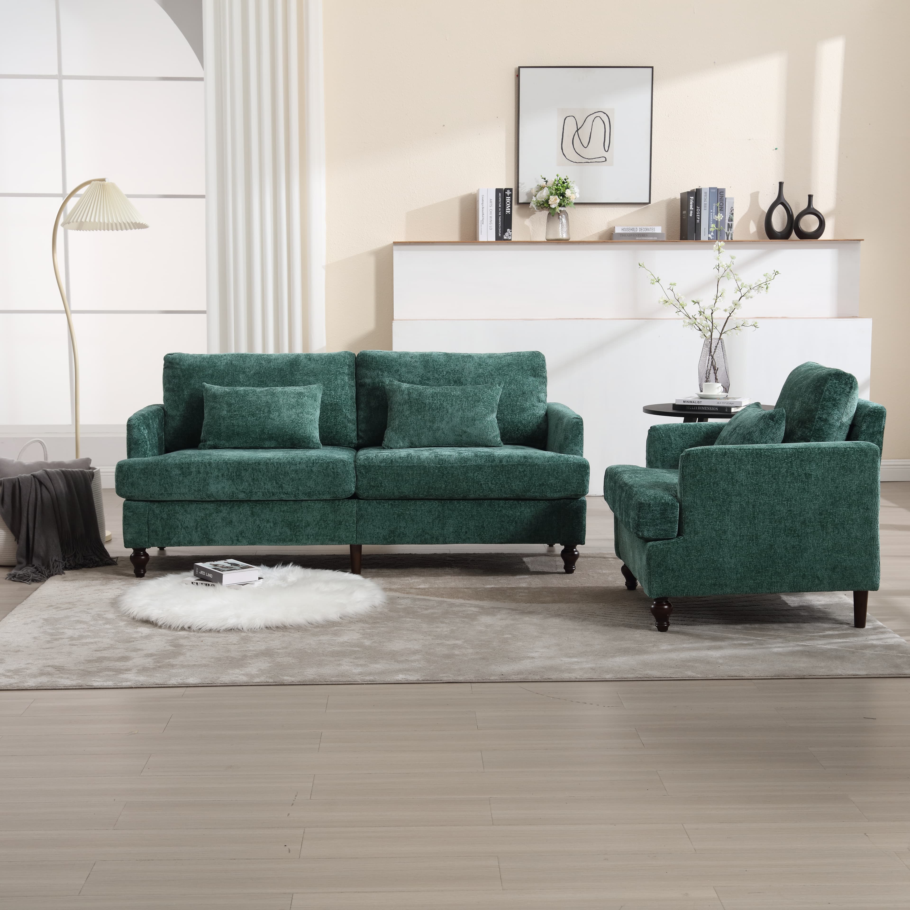 Mid Century Modern Chenille Fabric Loveseat Sofa, 2-Seat Upholstered Loveseat Sofa Modern Couch For Living Room,Brown Wood Feet Sofa For Bedroom, Reading Emerald Chenille 3