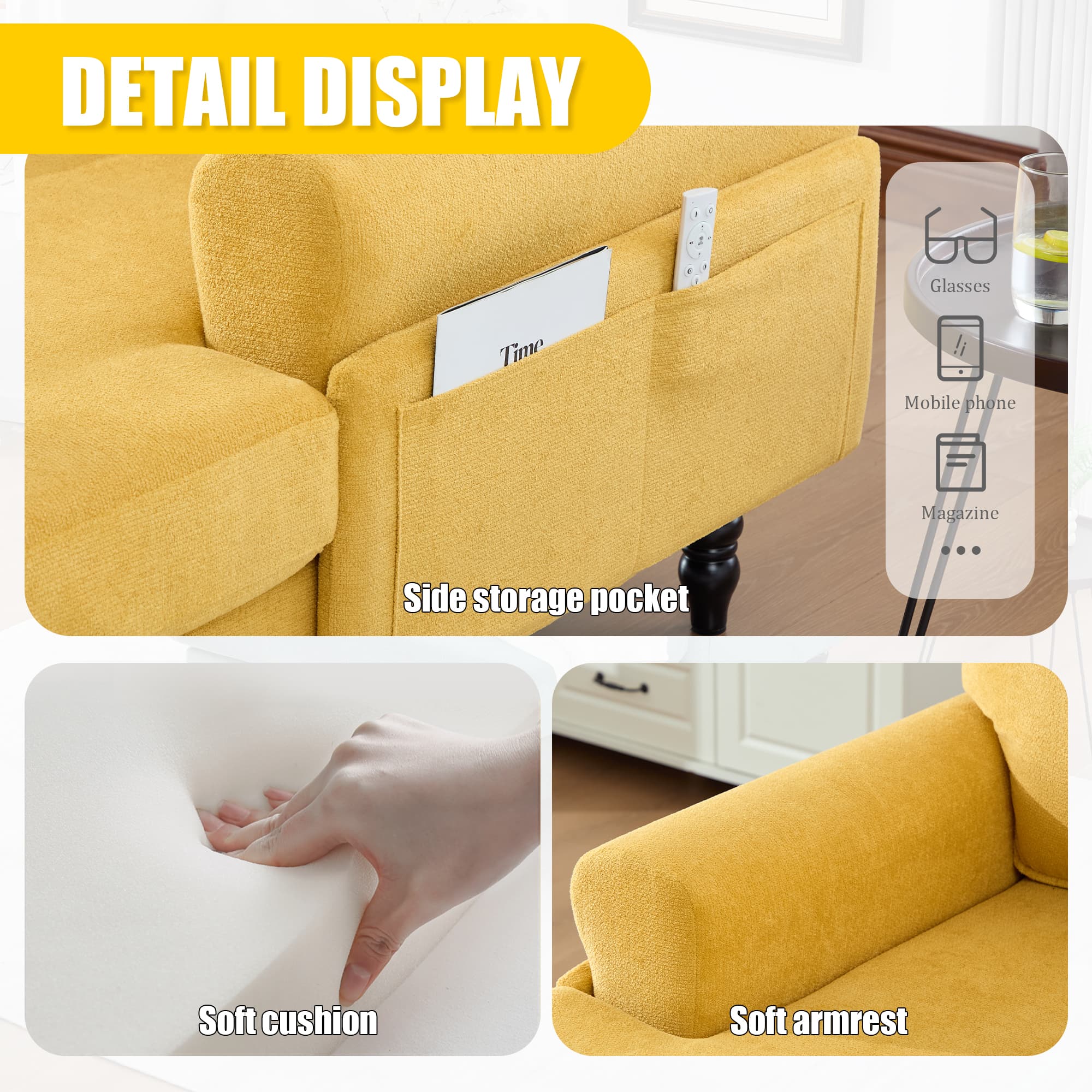 Modern Minimalist Chenille Fabric Chaise Lounge Recliner Single Sofa Living Room Bedroom Rest Chair Wooden Sofa Legs With Comfortable Backrest And Armrests Side Pockets For Storage Suitable For Office 3