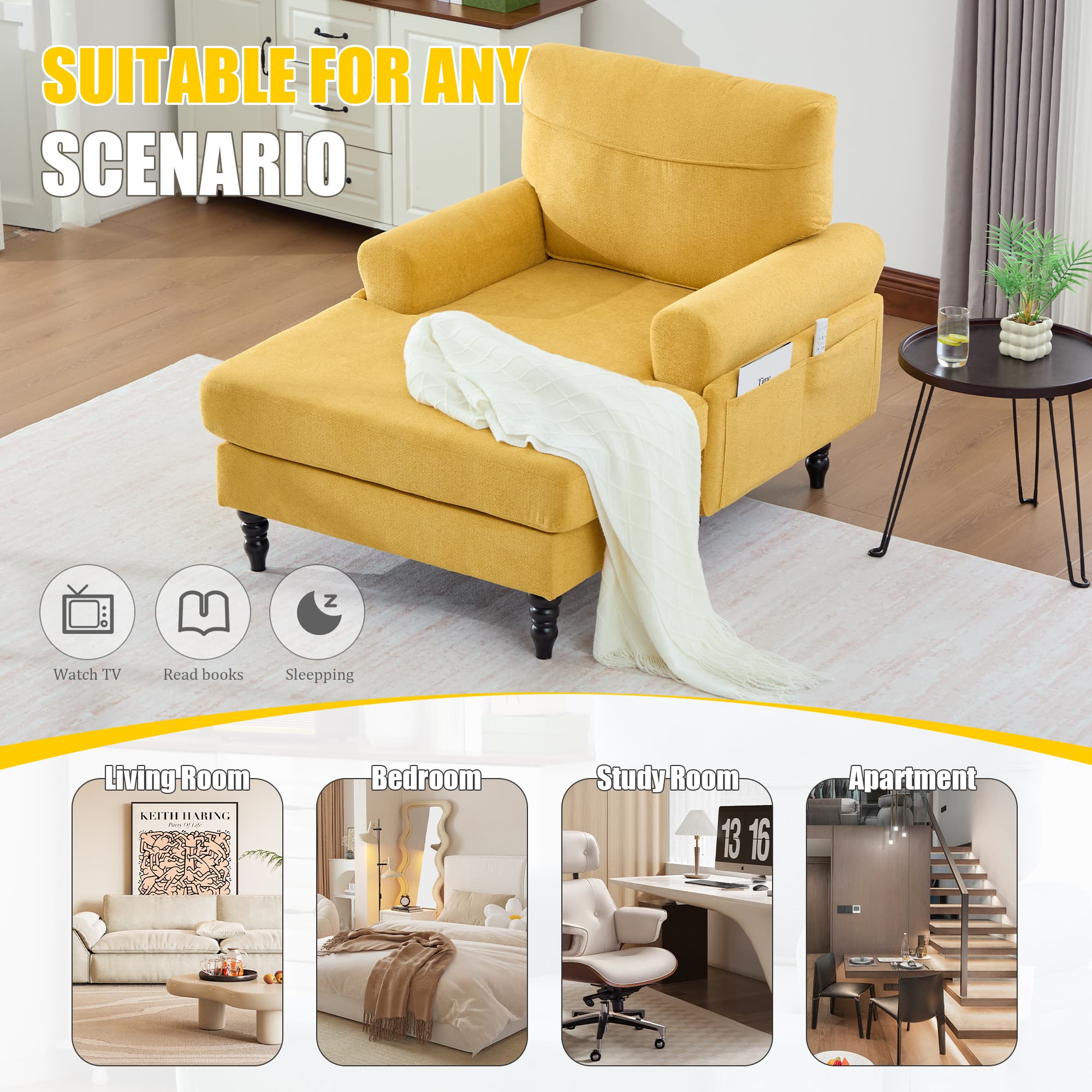 Modern Minimalist Chenille Fabric Chaise Lounge Recliner Single Sofa Living Room Bedroom Rest Chair Wooden Sofa Legs With Comfortable Backrest And Armrests Side Pockets For Storage Suitable For Office 5