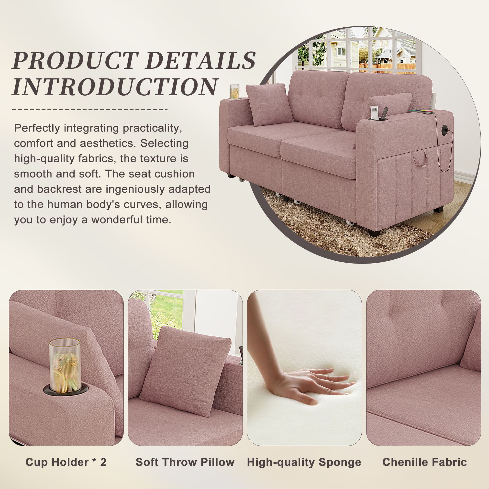 Sofas For Living Room, Couch Set,3 Seats Sofa, USB Charging,Wood Frame,Easy To Install,with Storage, Charging Station,Cup Holder,Modern Sectional Sofas For Living Room, Apartment,Chenille Fabric 5