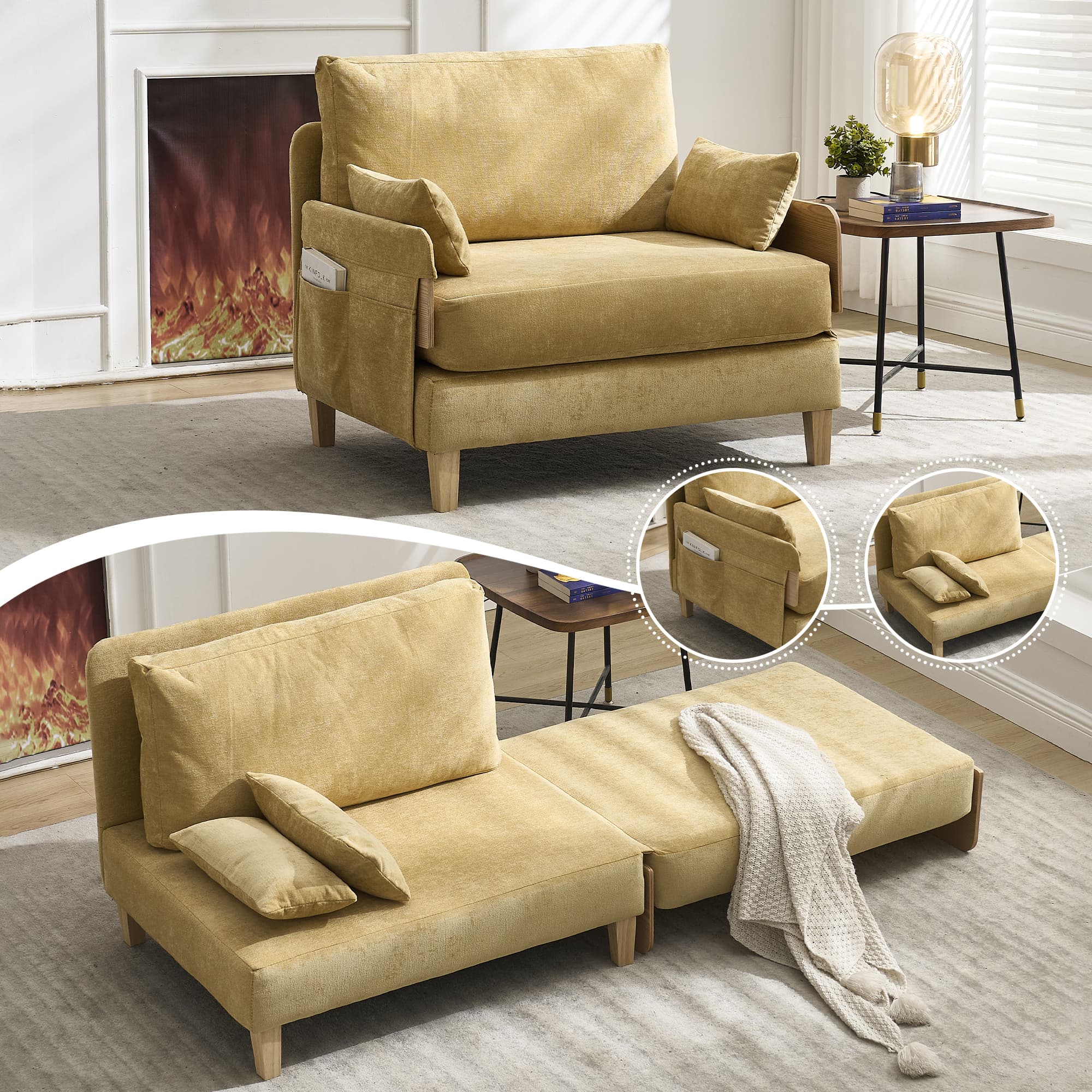 Foldable Sofa Bed Recliner, 3-in-1 Convertible Sleeper, Mid-century Modern Decor, Suitable For Small Spaces, With Three Pillows, Can Be Placed In The Bedroom Study Room Guest 3