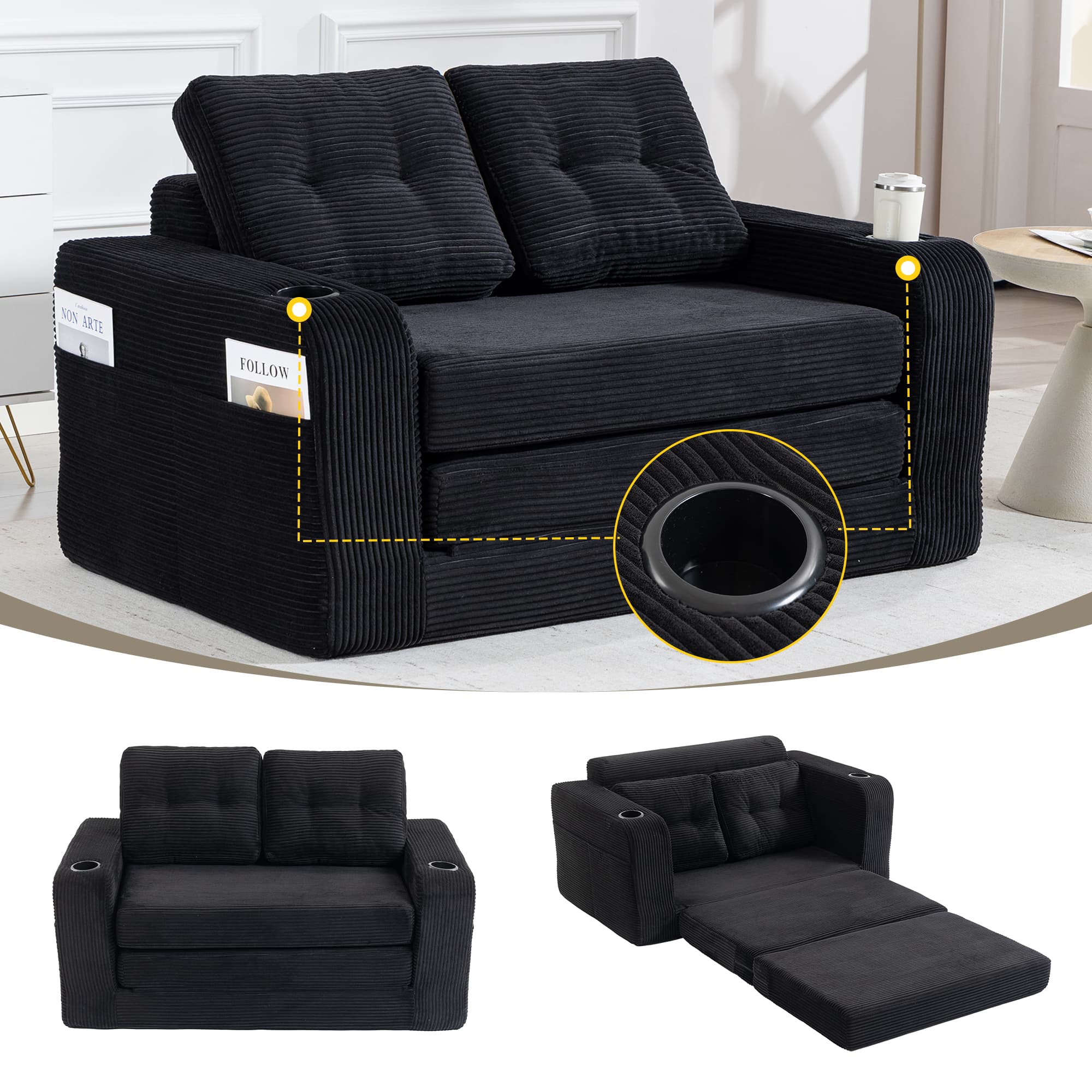 Convertible Sofa Bed,Expandable Double Sofa Bed, 2 In 1 Convertible Sofa Bed, Fold Out Floor Couch With Pillows For Living Room Bedroom Lounge 2