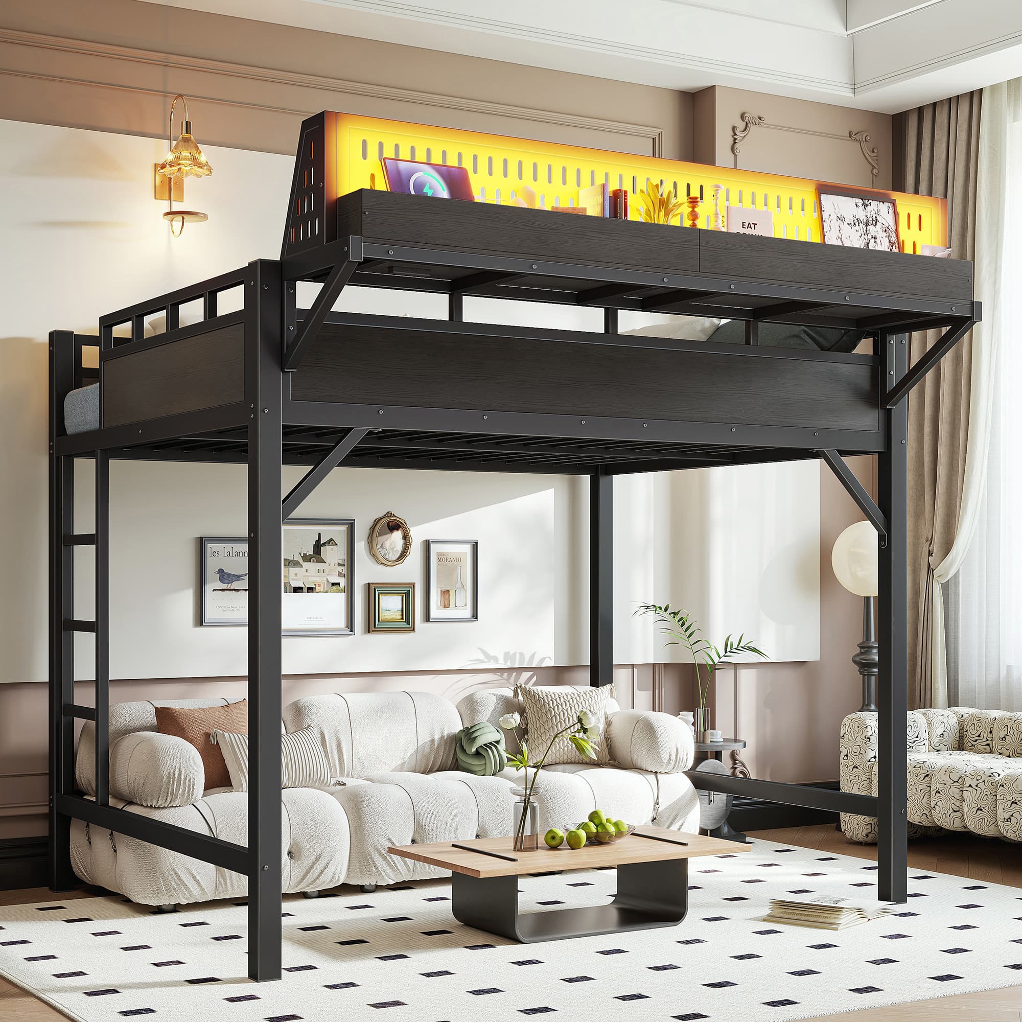 Ful Size Loft Bed Frame With Storage Shelves And Pegboard, Metal Loft Bed With USB Ports And LED Lights, Safe And Sturdy, Black 4