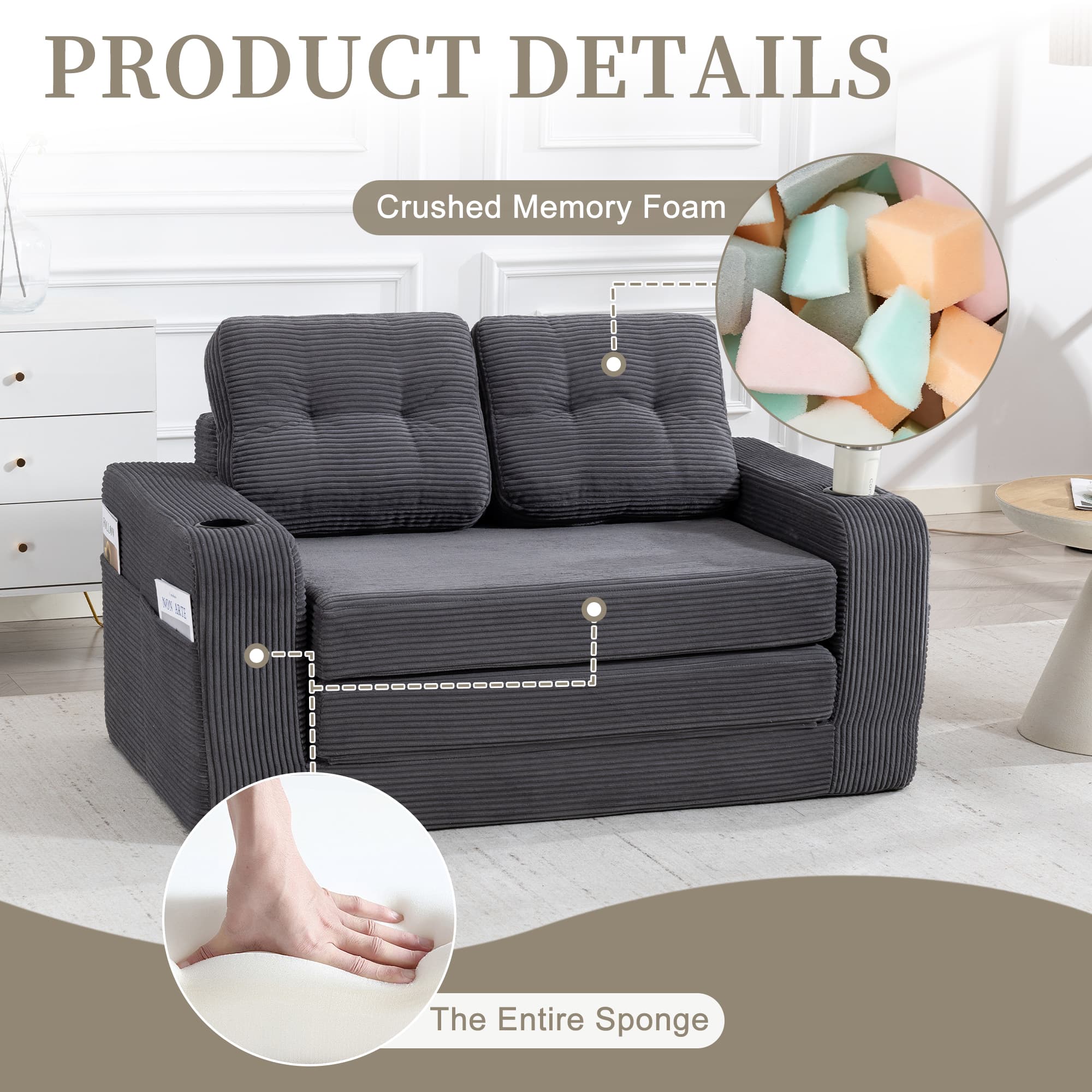 Convertible Sofa Bed,Expandable Double Sofa Bed, 2 In 1 Convertible Sofa Bed, Fold Out Floor Couch With Pillows For Living Room Bedroom Lounge 2