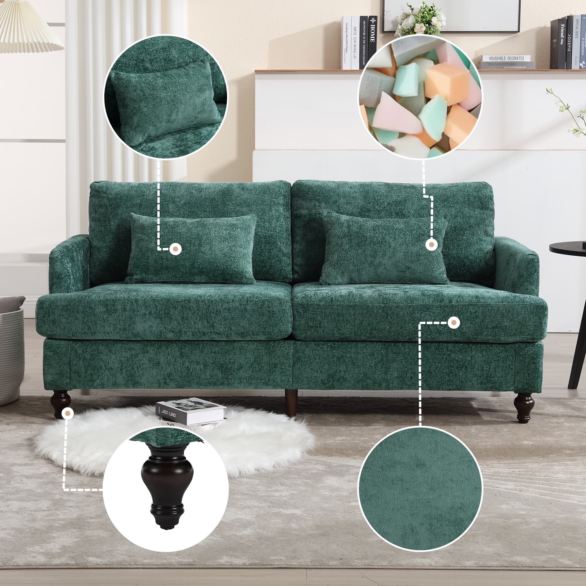 Mid Century Modern Chenille Fabric Loveseat Sofa, 2-Seat Upholstered Loveseat Sofa Modern Couch For Living Room,Brown Wood Feet Sofa For Bedroom, Reading Emerald Chenille 2