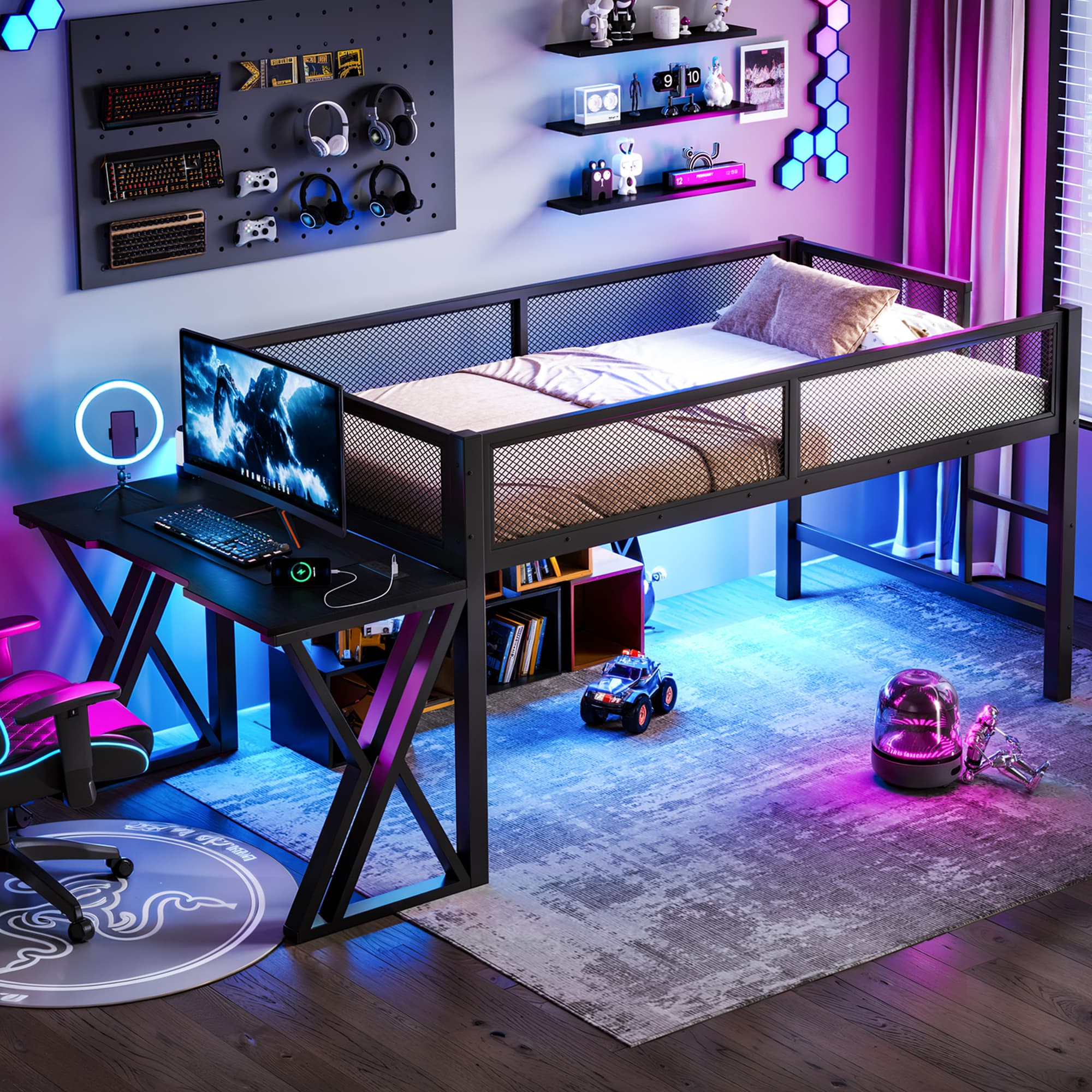 Twin XL Size Gaming Loft Bed With Desk Of X-shaped Leg ,LED Lights, USB Ports, Staircase & Mesh Guardrail - Black Metal Frame, Space-Saving Elevated Bed For Dorms, Bedrooms, & Gaming Setups 3