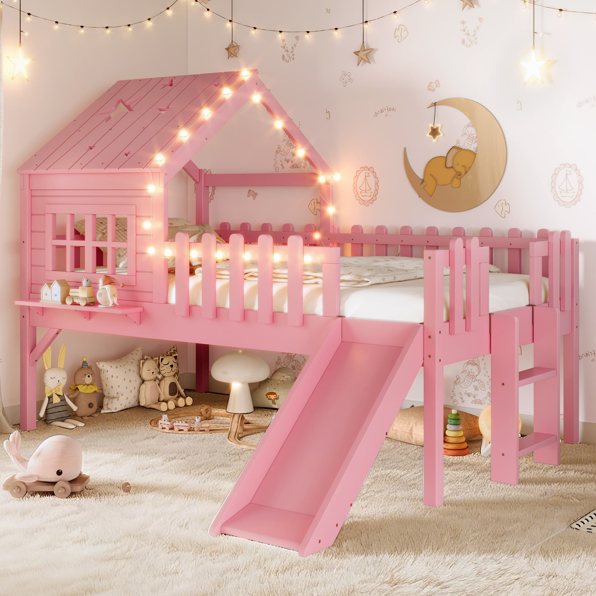 Twin Size House Loft Bed With Slide,Playhouse Bed With Star-shaped Designs And Window, Chic Design With LED Lights,No Box Spring Needed,Pink 3