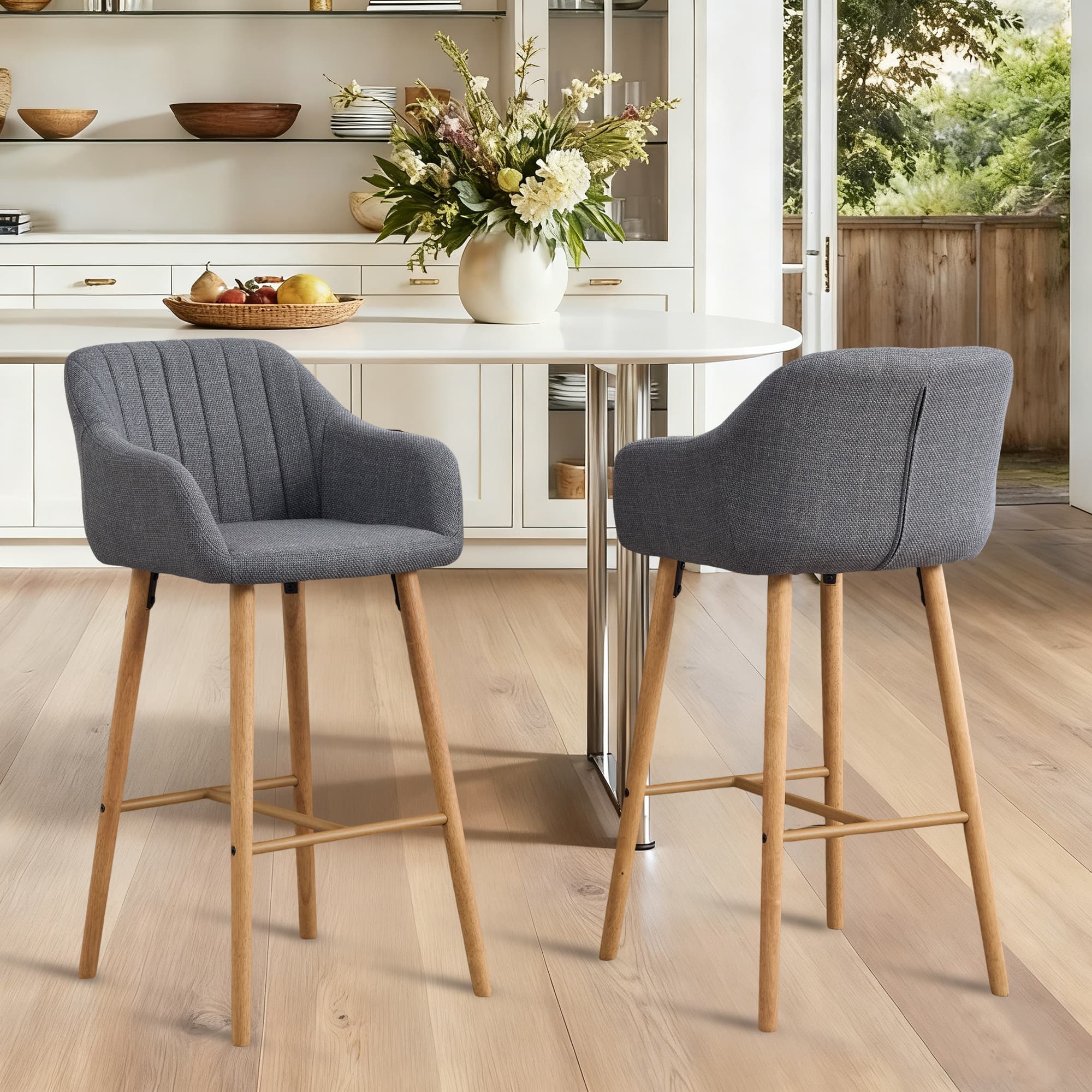 Modern Bar Stools Set Of 2, Kitchen Island Tall Chairs With Back, Arm, Footrest And Solid Wood Leg, Linen Fabric Upholstered Bar Stools 2