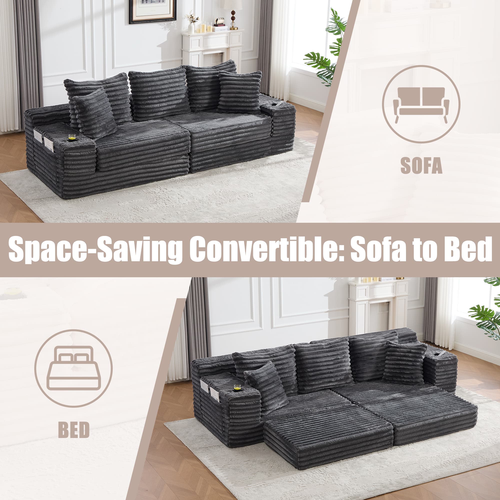 Oversized Boneless Four Seats Sofa With Cup Holder And Side Pockets, Upholstered Corduroy Sofa Bed Cloud Couch With 3 Pillows, 2 Lumbar Pillows.Living Room, Bedroom,No Assembly ,Breathable Material 4