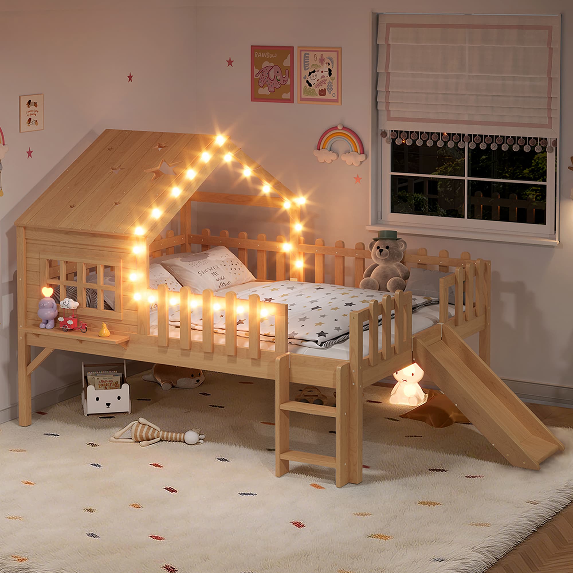 Full Size House Loft Bed With Slide,Playhouse Bed With Star-shaped Designs And Window, Chic Design With LED Lights,No Box Spring Needed,Natural 2