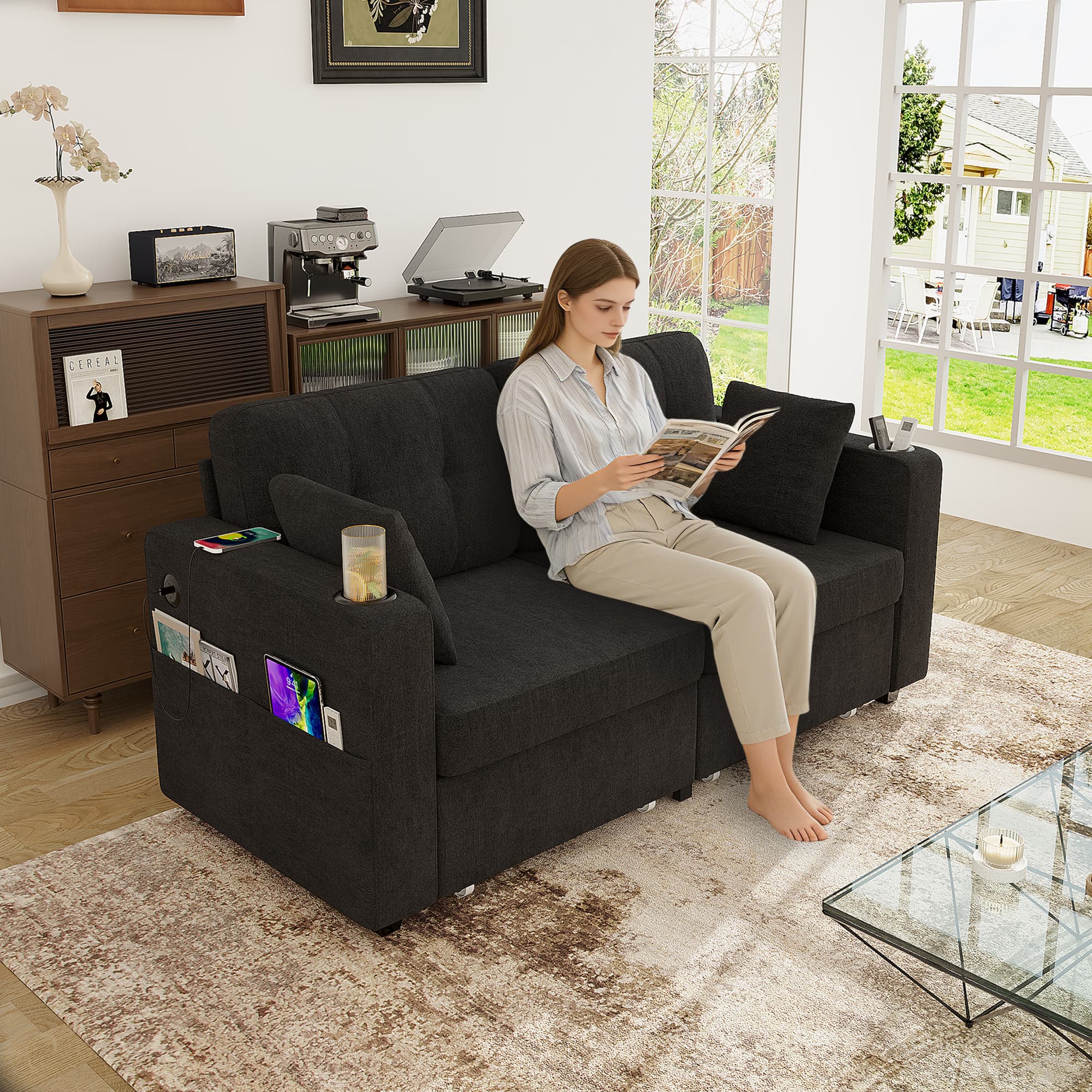 Sofas For Living Room, Couch Set,3 Seats Sofa, USB Charging,Wood Frame,Easy To Install,with Storage, Charging Station,Cup Holder,Modern Sectional Sofas For Living Room, Apartment,Chenille Fabric 4