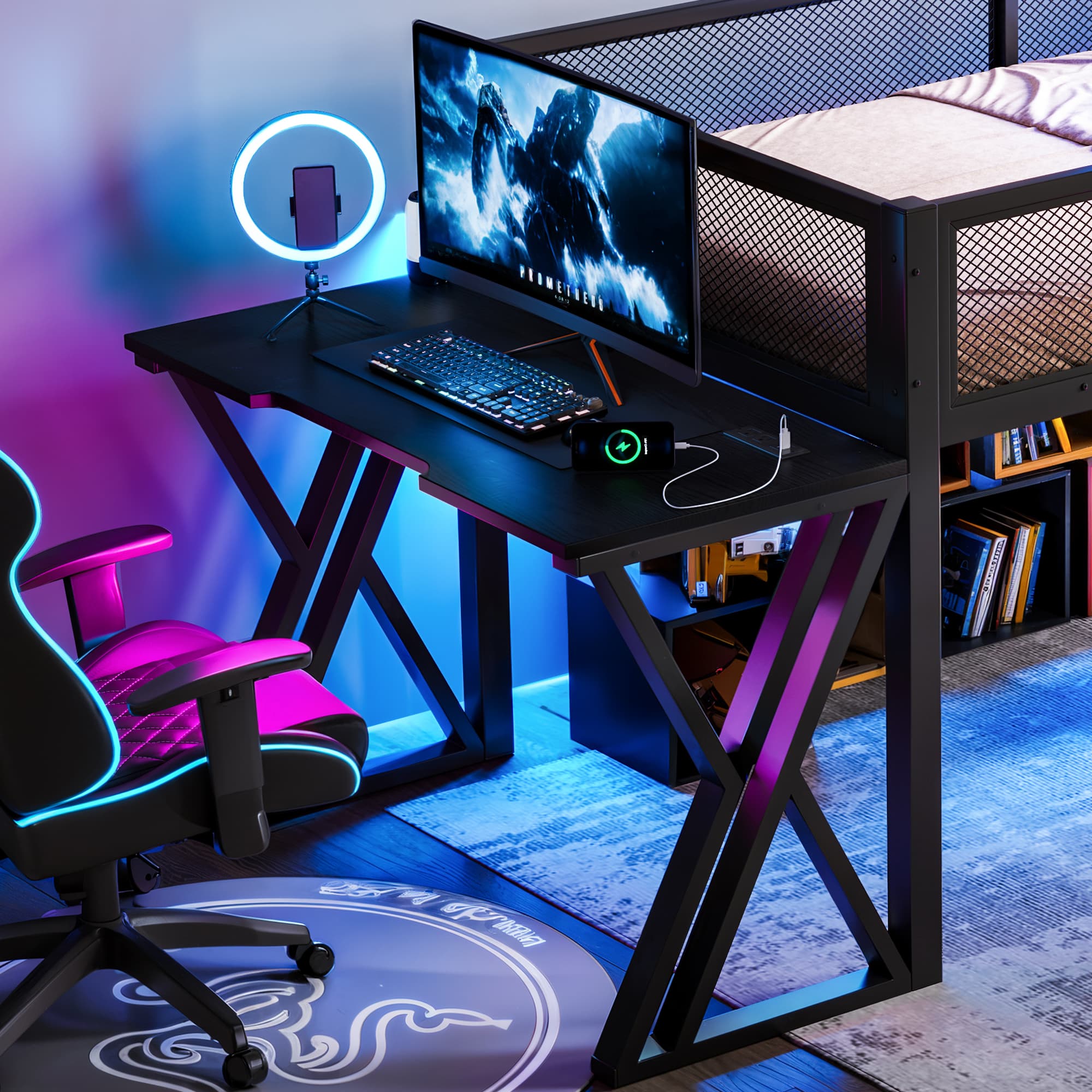 Twin XL Size Gaming Loft Bed With Desk Of X-shaped Leg ,LED Lights, USB Ports, Staircase & Mesh Guardrail - Black Metal Frame, Space-Saving Elevated Bed For Dorms, Bedrooms, & Gaming Setups 2