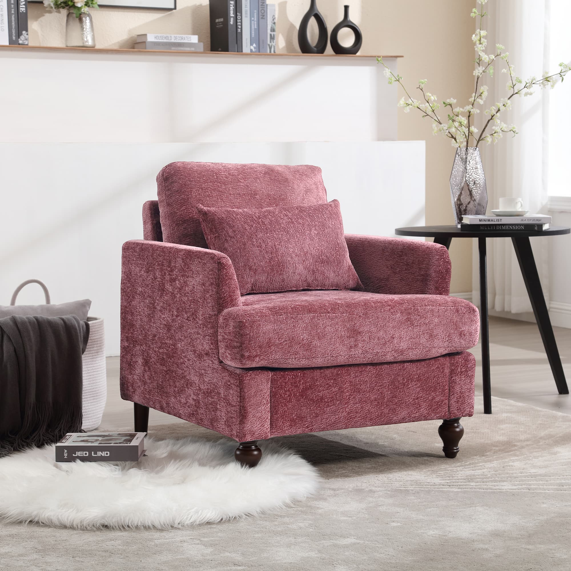 Wood Frame Armchair, Modern Accent Chair Lounge Chair For Living Room,Tufted Club Chair, Mid Century Modern Arm Chairs With Studded, Solid Wood Frame, For Bedroom, Reading Wine Red Chenille 4
