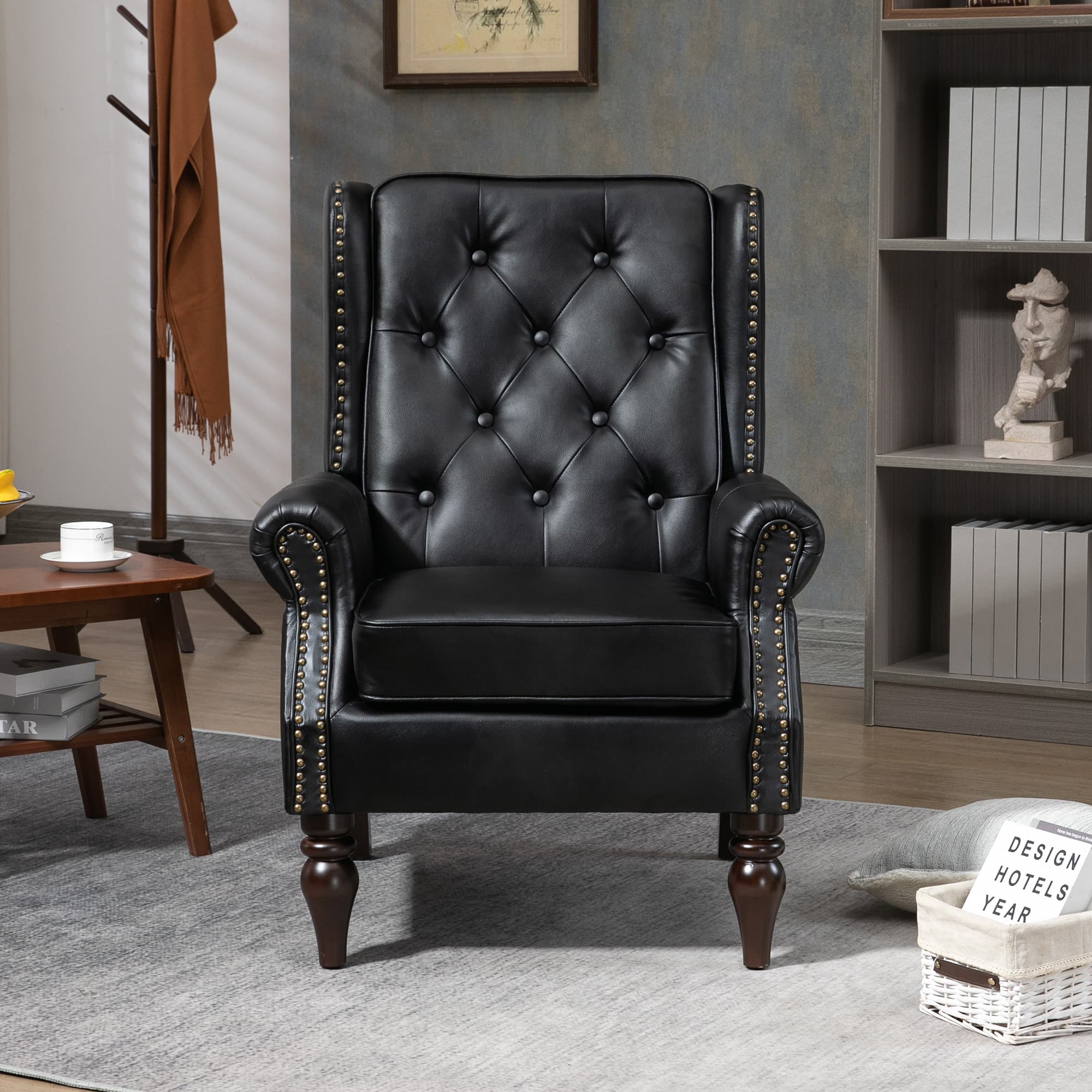 Wood Frame Armchair, Modern Accent Chair Lounge Chair With Sturdy Wood Legs For Living Room Bedroom Black PU 4
