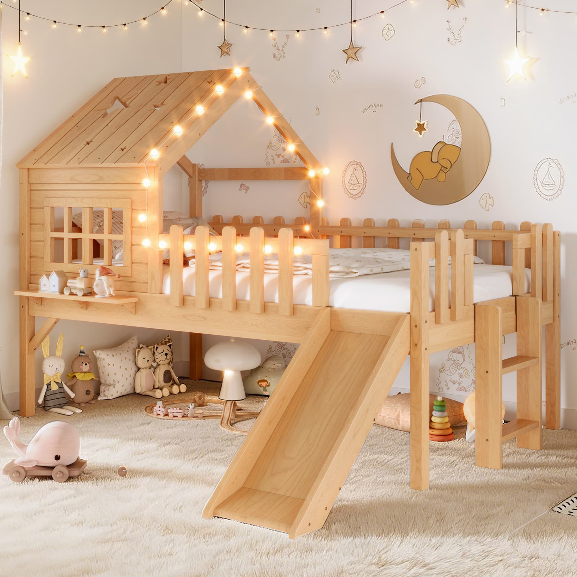 Twin Size House Loft Bed With Slide,Playhouse Bed With Star-shaped Designs And Window, Chic Design With LED Lights,No Box Spring Needed,Natural 5