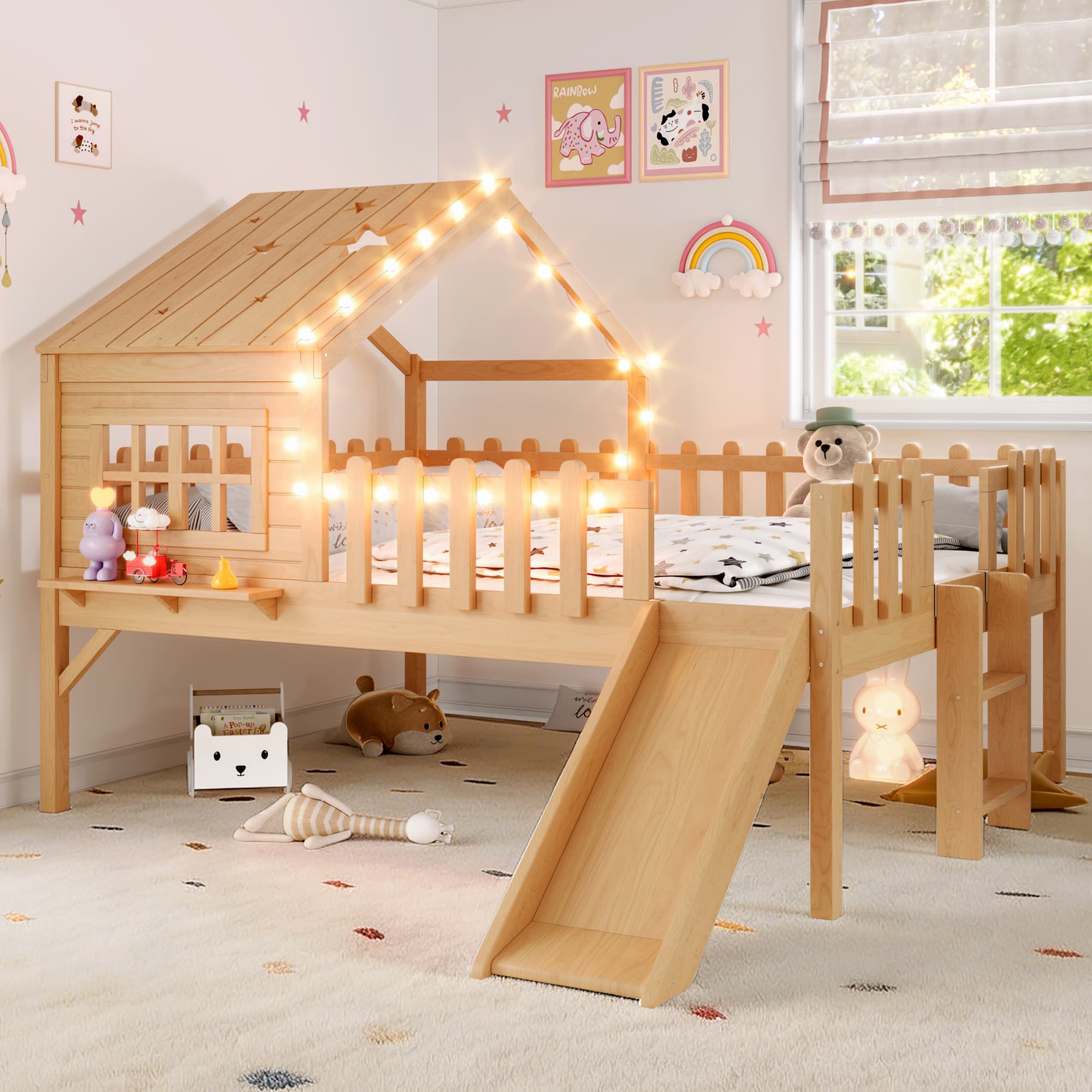 Full Size House Loft Bed With Slide,Playhouse Bed With Star-shaped Designs And Window, Chic Design With LED Lights,No Box Spring Needed,Natural 4