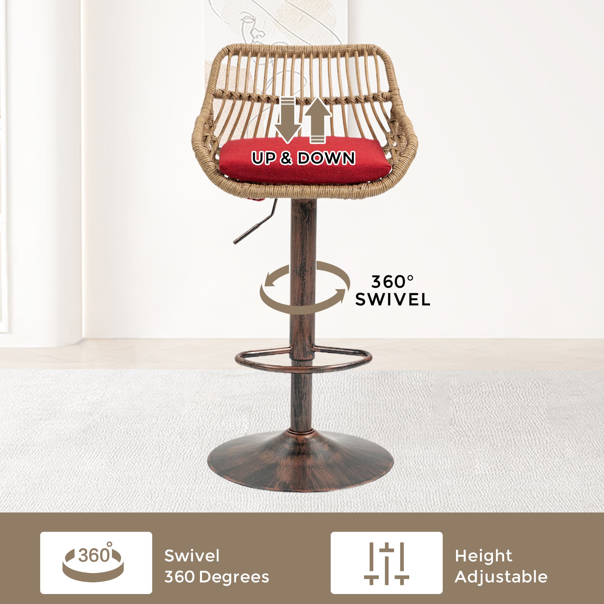 Modern Swivel Bar Stools Set Of 2 Adjustable Counter Height Chairs With Footrest For Kitchen, Dining Room Red 4
