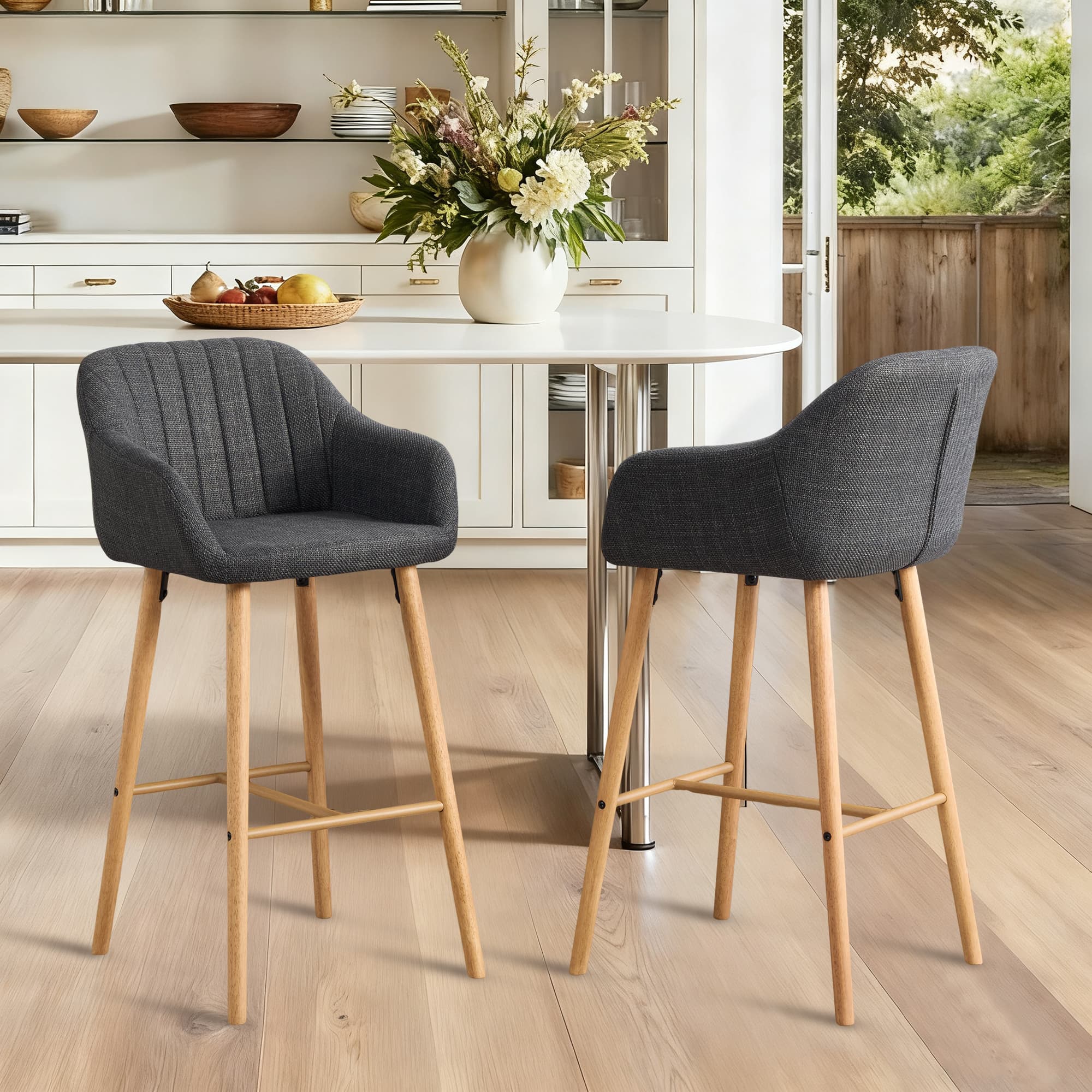 Modern Bar Stools Set Of 2, Kitchen Island Tall Chairs With Back, Arm, Footrest And Solid Wood Leg, Linen Fabric Upholstered Bar Stools 5