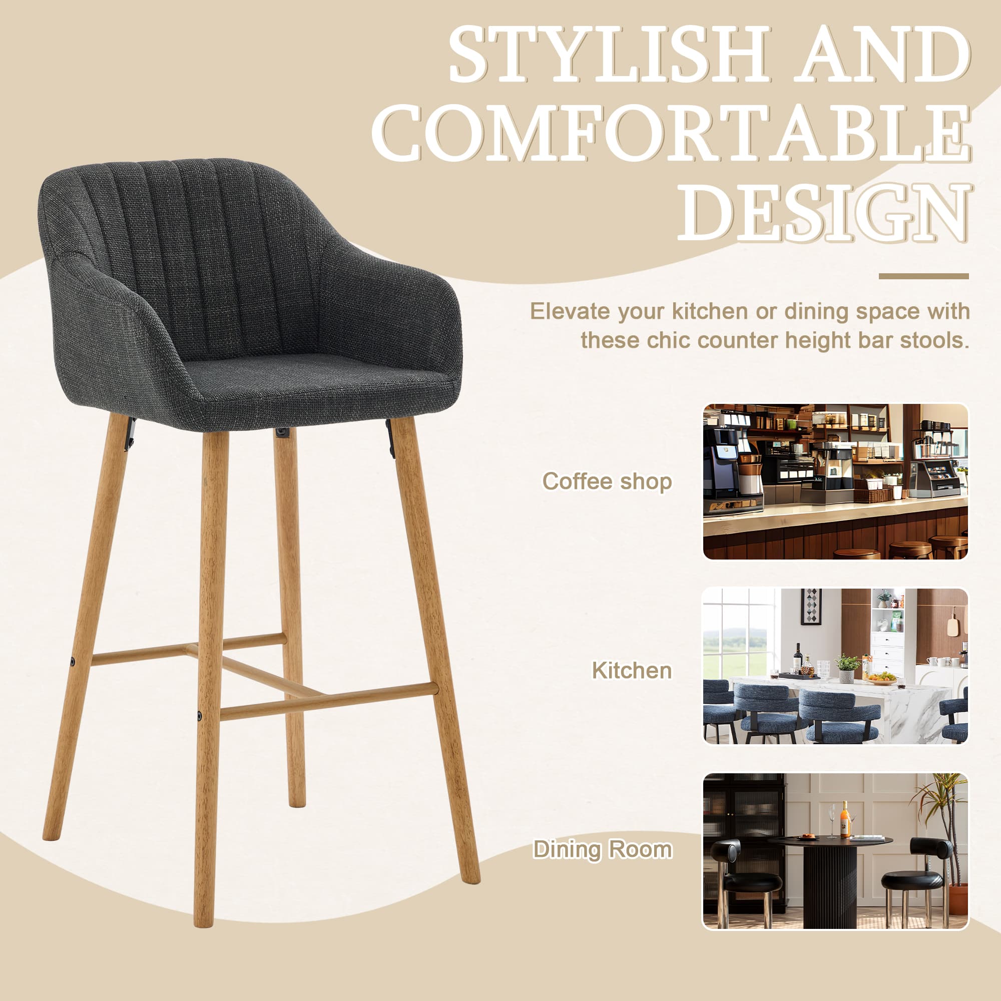 Modern Bar Stools Set Of 2, Kitchen Island Tall Chairs With Back, Arm, Footrest And Solid Wood Leg, Linen Fabric Upholstered Bar Stools 2