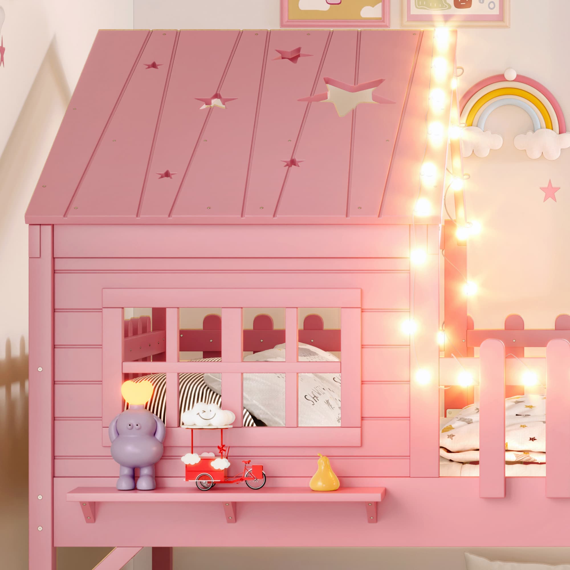 Full Size House Loft Bed With Slide,Playhouse Bed With Star-shaped Designs And Window, Chic Design With LED Lights,No Box Spring Needed,Pink 2