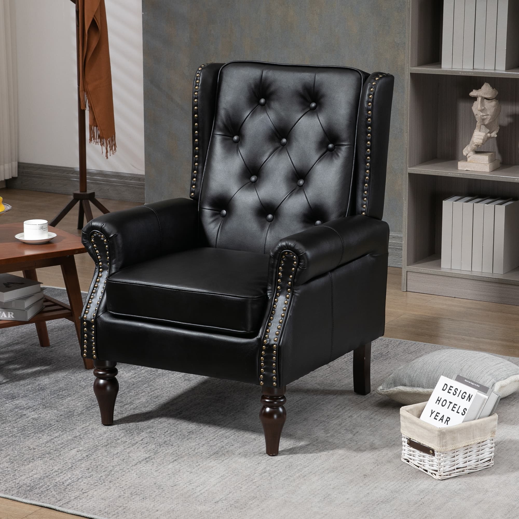 Wood Frame Armchair, Modern Accent Chair Lounge Chair With Sturdy Wood Legs For Living Room Bedroom Black PU 2