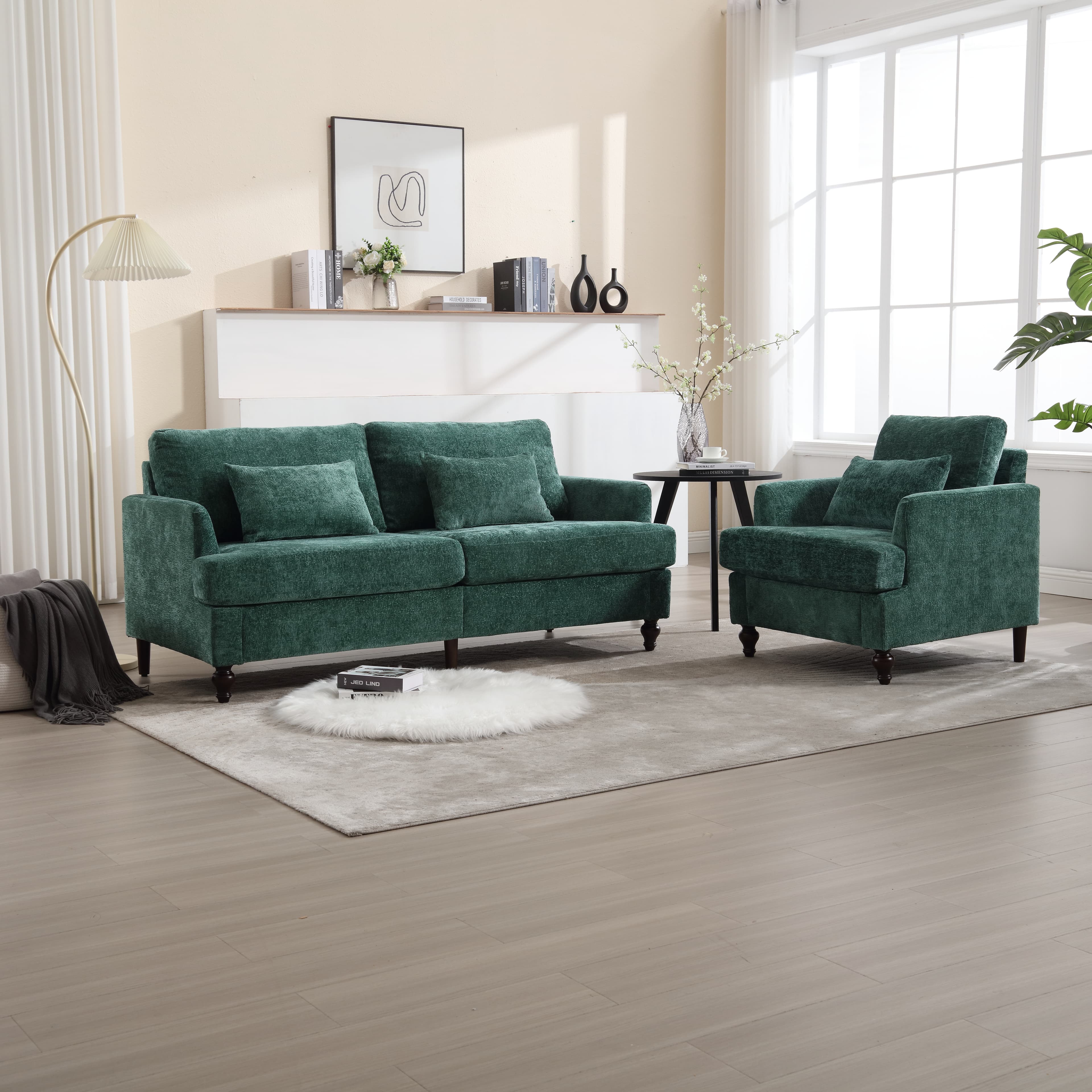 Mid Century Modern Chenille Fabric Loveseat Sofa, 2-Seat Upholstered Loveseat Sofa Modern Couch For Living Room,Brown Wood Feet Sofa For Bedroom, Reading Emerald Chenille 4