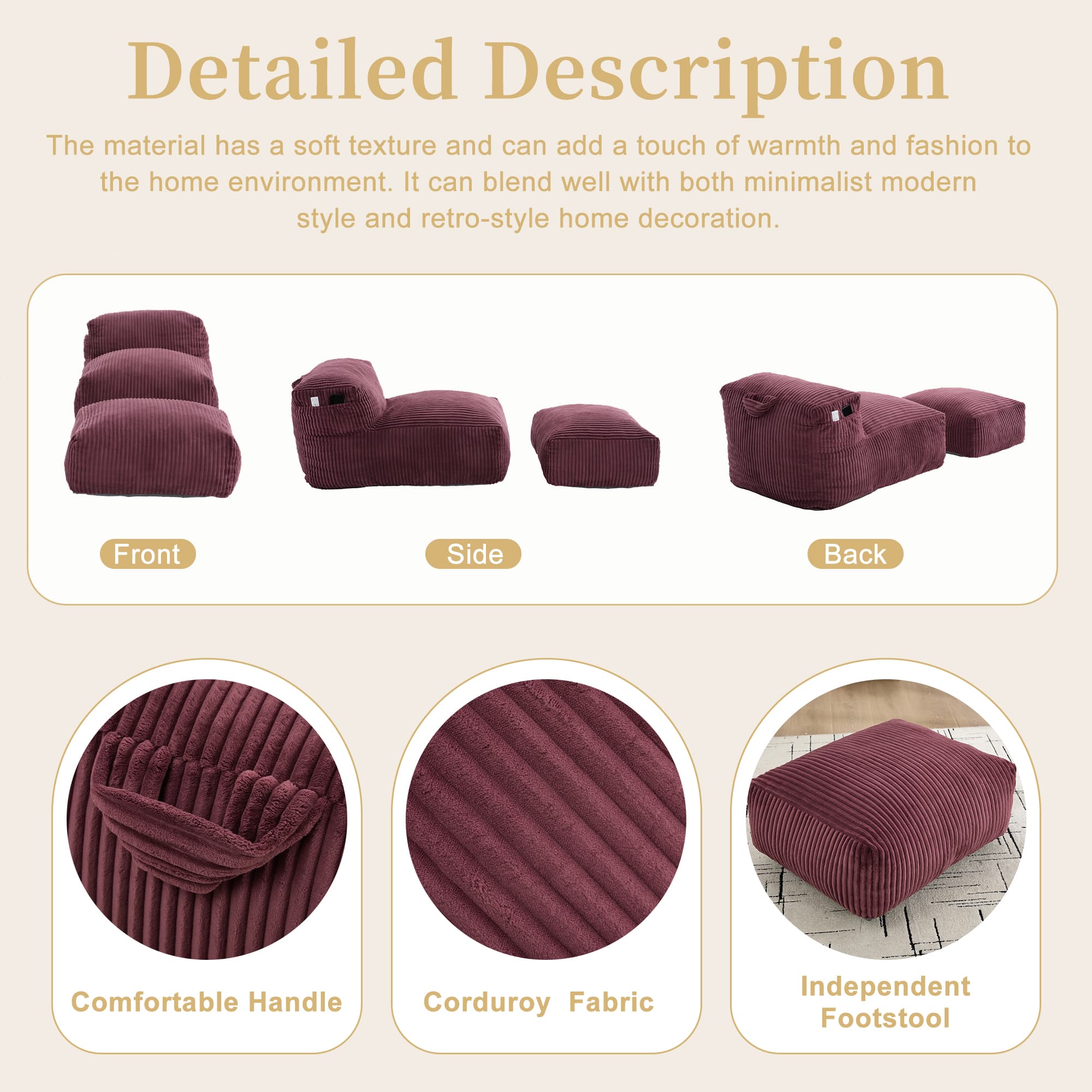 Big Bean Bag Chair For Adults,Lounger Large Bean Bag Sofa, Memory Foam Filled Beanbag Chair For Living Room, Bedroom, Balcony,Comfy Corduroy Bean Bag Chair With Ottoman,Ergonomic Support & Premium Com 2