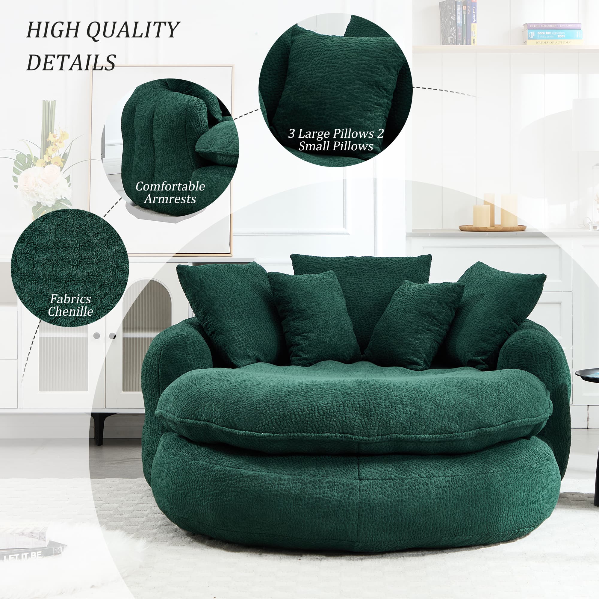 Oversized Oval Upholstered Bean Bag Sofa, Lazy Sofa With 3 Large Pillows And 2 Small Pillows, Wrap Around Backrest For Adults, Chenille Fabric Lazy Floor Bean Bag Sofa 3