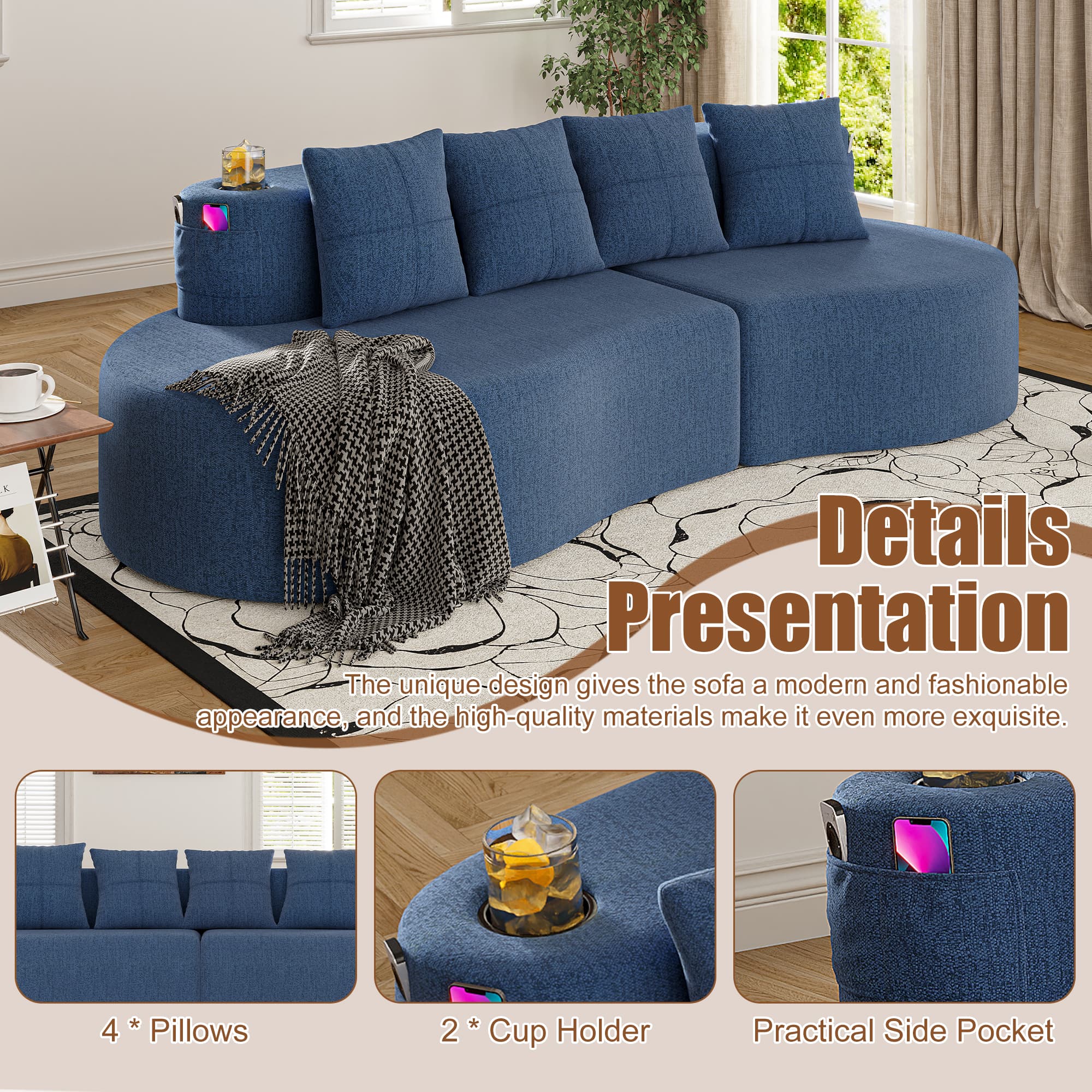 Modern Curved Sectional 3 Seat Minimalist Elegant Half Moon Sofa Compressed Modular Sectional Sofa For Living Room, Office, Apartment 2