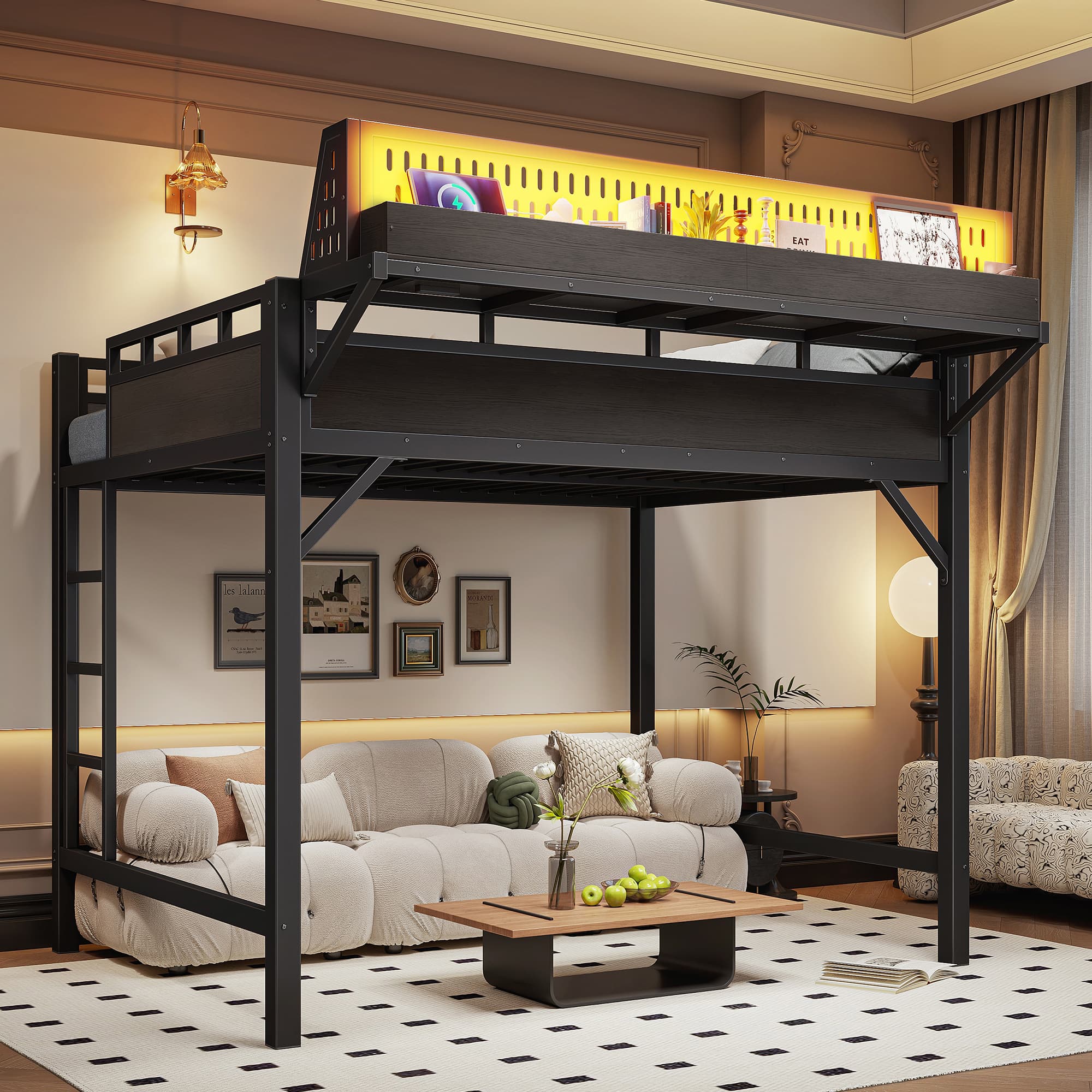 Ful Size Loft Bed Frame With Storage Shelves And Pegboard, Metal Loft Bed With USB Ports And LED Lights, Safe And Sturdy, Black 5
