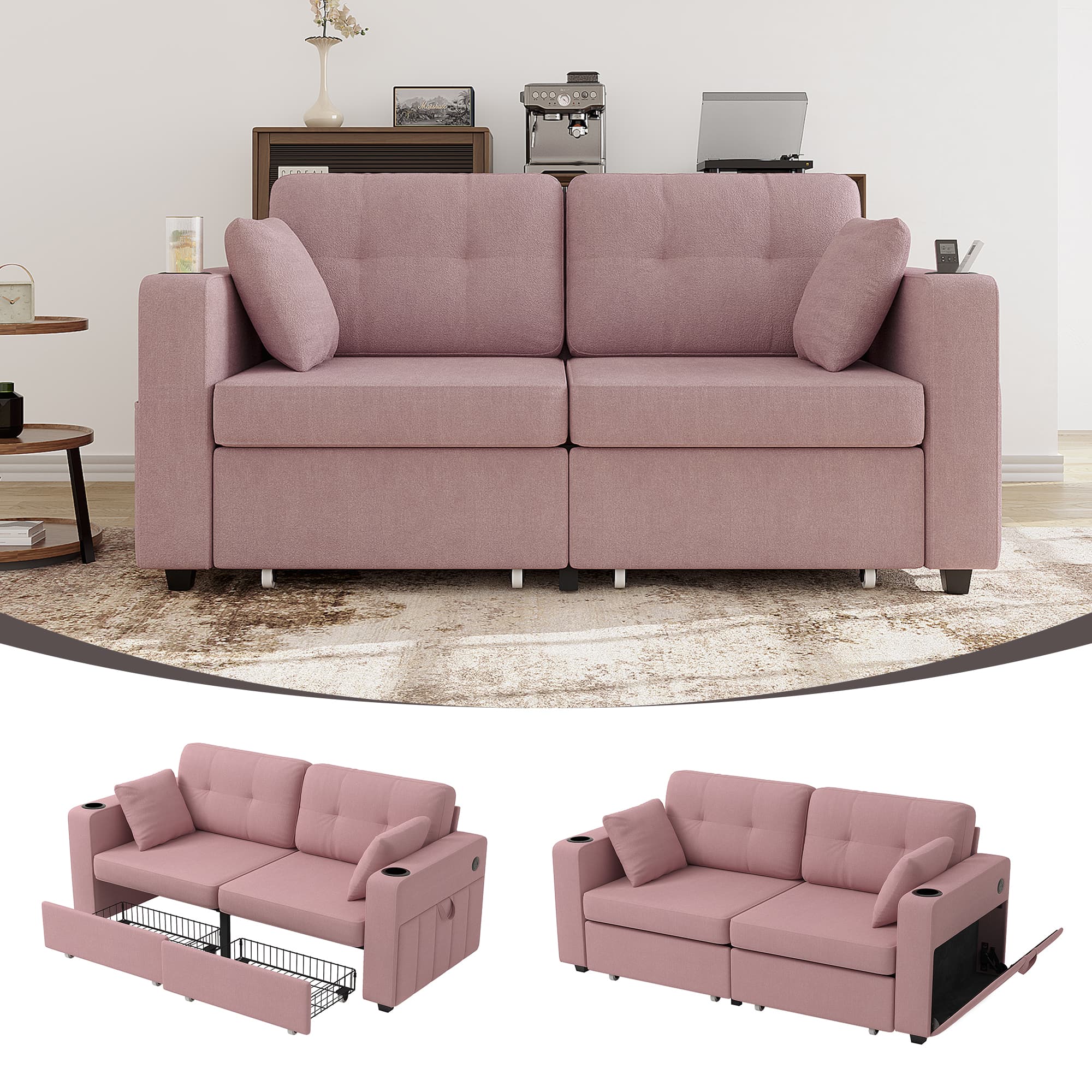 Sofas For Living Room, Couch Set,3 Seats Sofa, USB Charging,Wood Frame,Easy To Install,with Storage, Charging Station,Cup Holder,Modern Sectional Sofas For Living Room, Apartment,Chenille Fabric 3