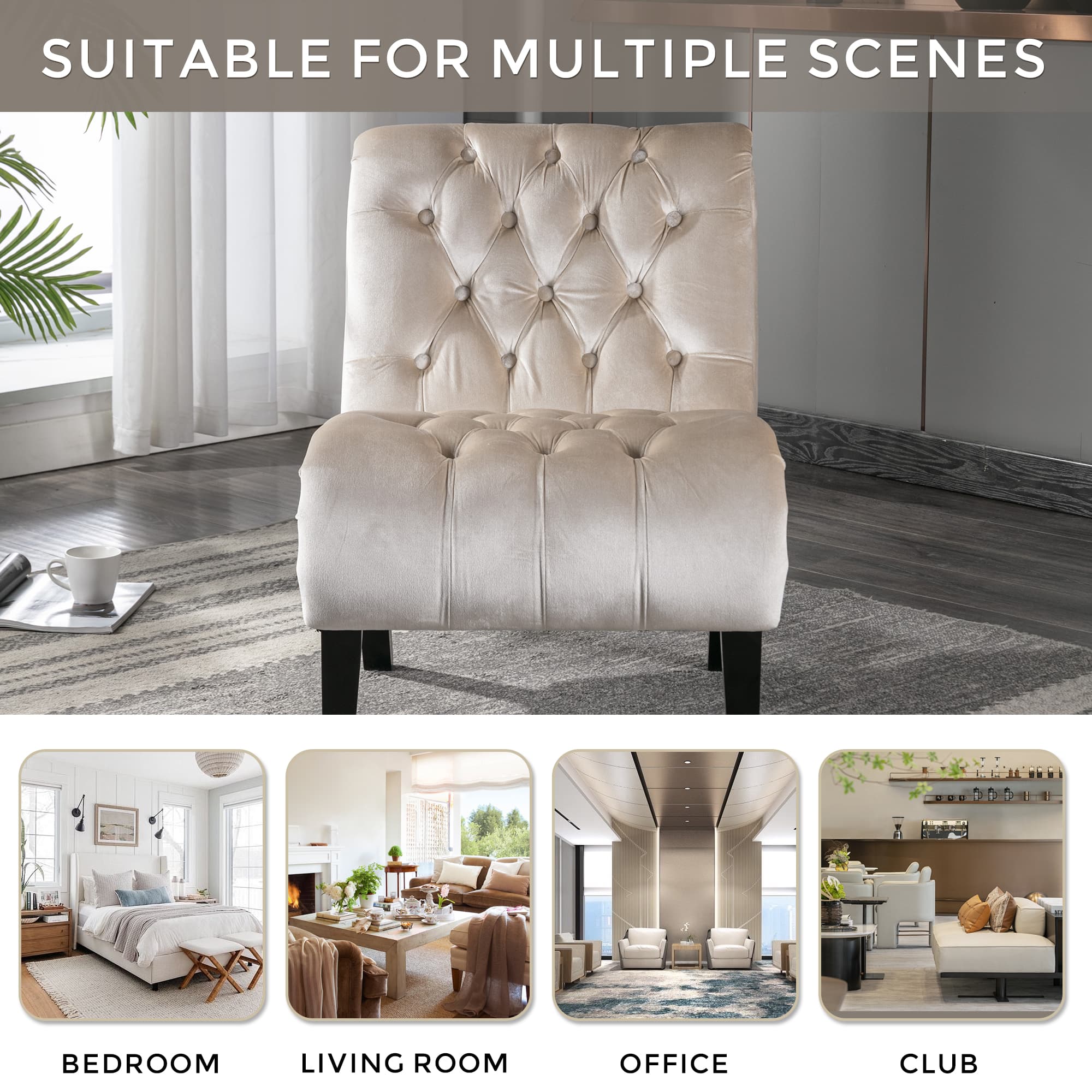 COOLMORE Modern Velvet Armless Accent Living Room Chair Leisure Chair,Upholstered Fabric Button Comfortable Chair With Wooden Legs For Bedroom, Living Room, Office Beige Velvet 3