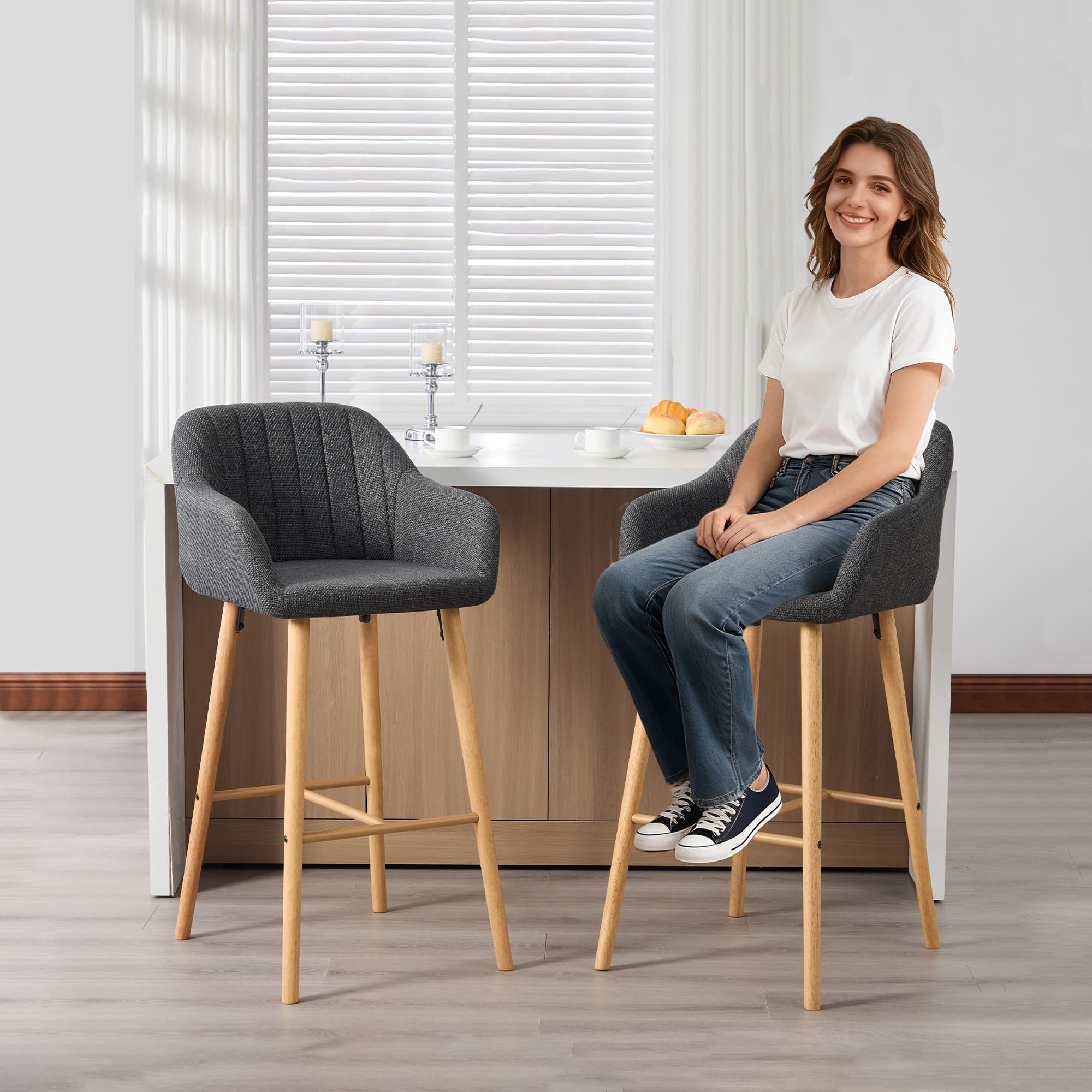 Modern Bar Stools Set Of 2, Kitchen Island Tall Chairs With Back, Arm, Footrest And Solid Wood Leg, Linen Fabric Upholstered Bar Stools 3
