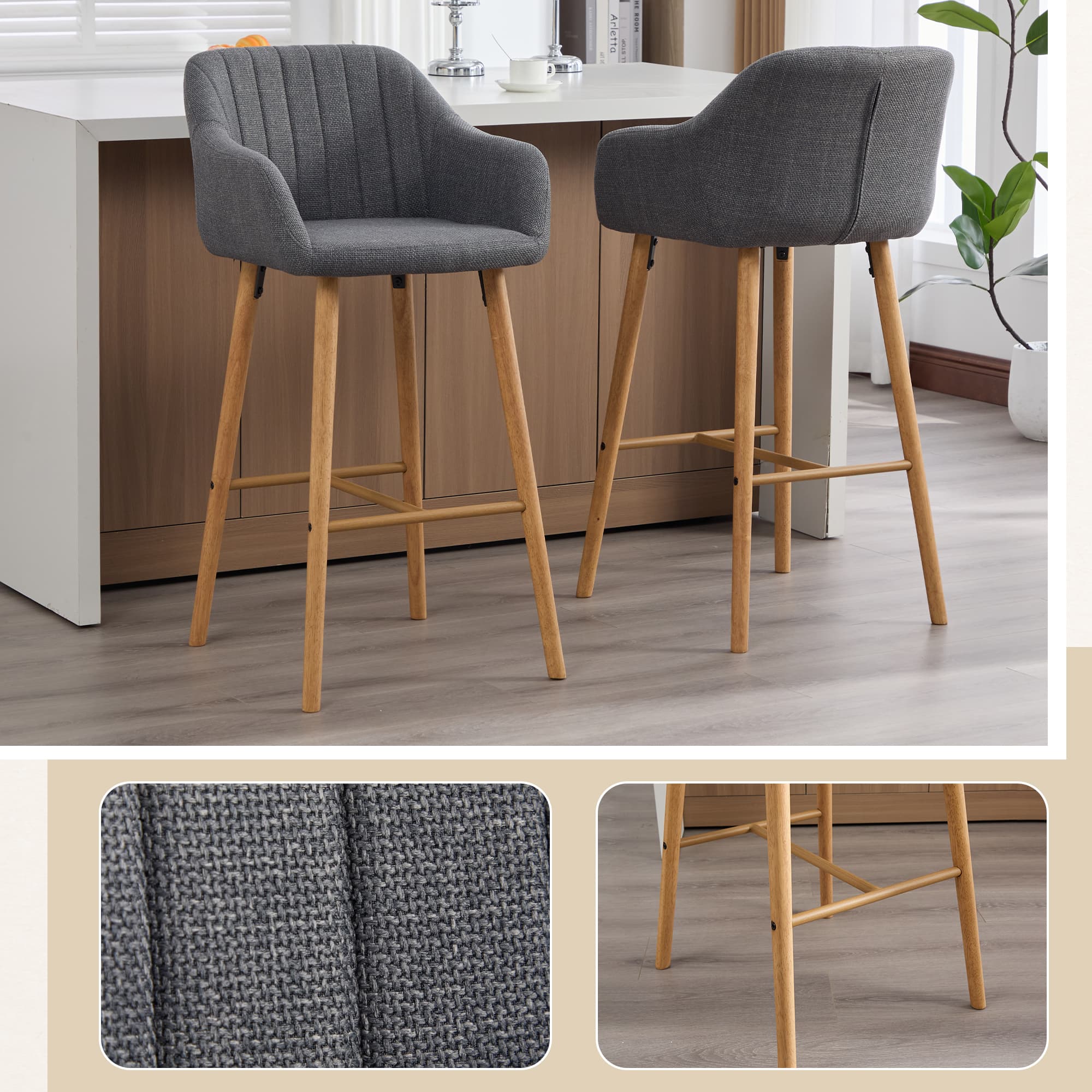 Modern Bar Stools Set Of 2, Kitchen Island Tall Chairs With Back, Arm, Footrest And Solid Wood Leg, Linen Fabric Upholstered Bar Stools 5
