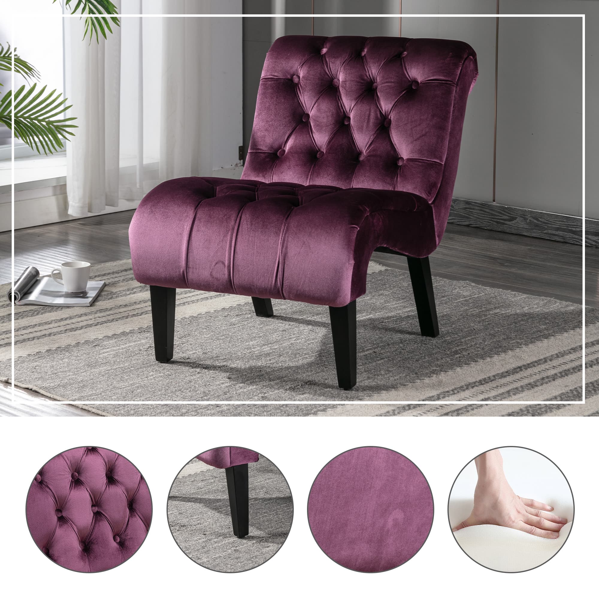 COOLMORE Modern Velvet Armless Accent Living Room Chair Leisure Chair,Upholstered Fabric Button Comfortable Chair With Wooden Legs For Bedroom, Living Room, Office Purple Velvet 3