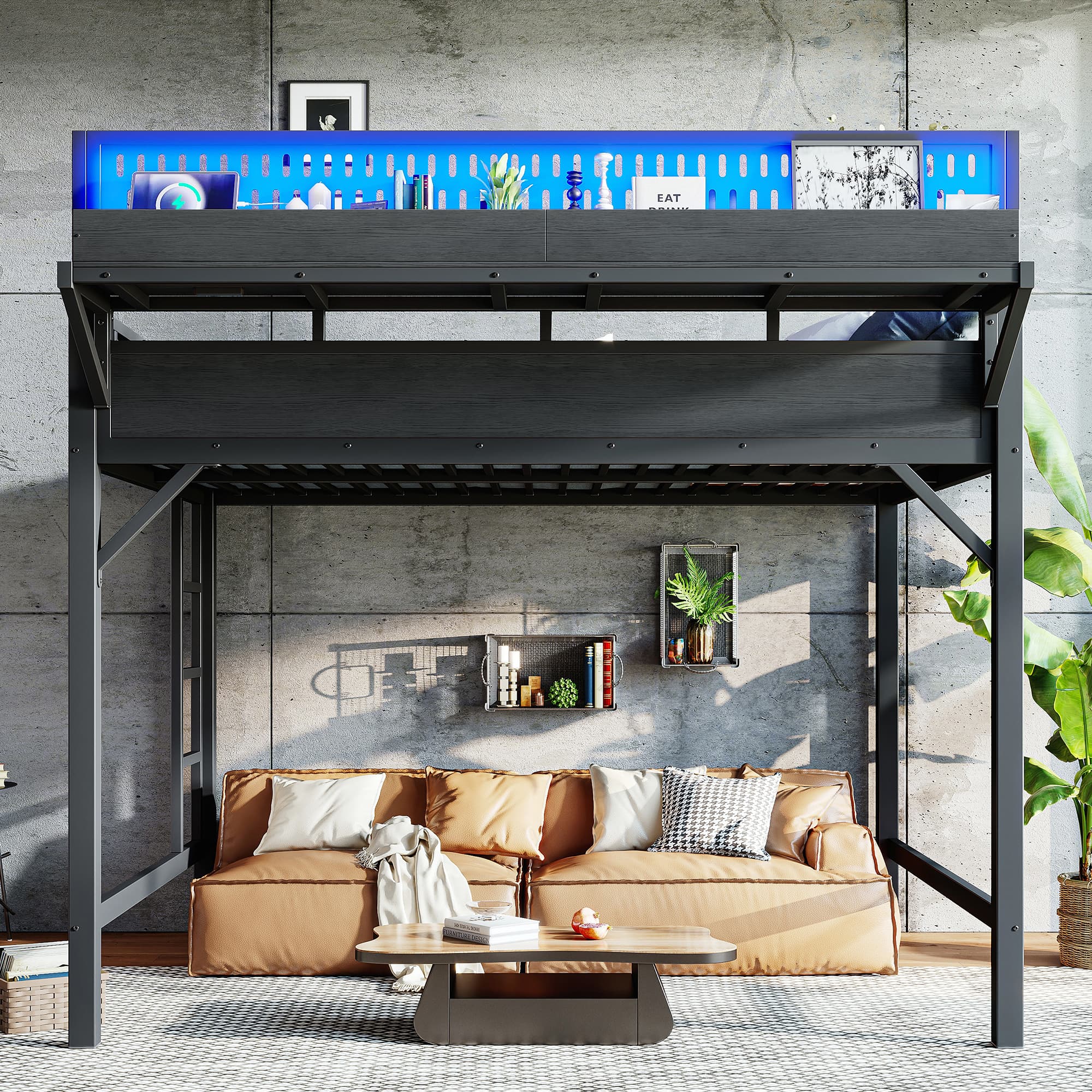 Queen Size Loft Bed Frame With Storage Shelves And Pegboard, Metal Loft Bed With USB Ports And LED Lights, Safe And Sturdy, Black 4