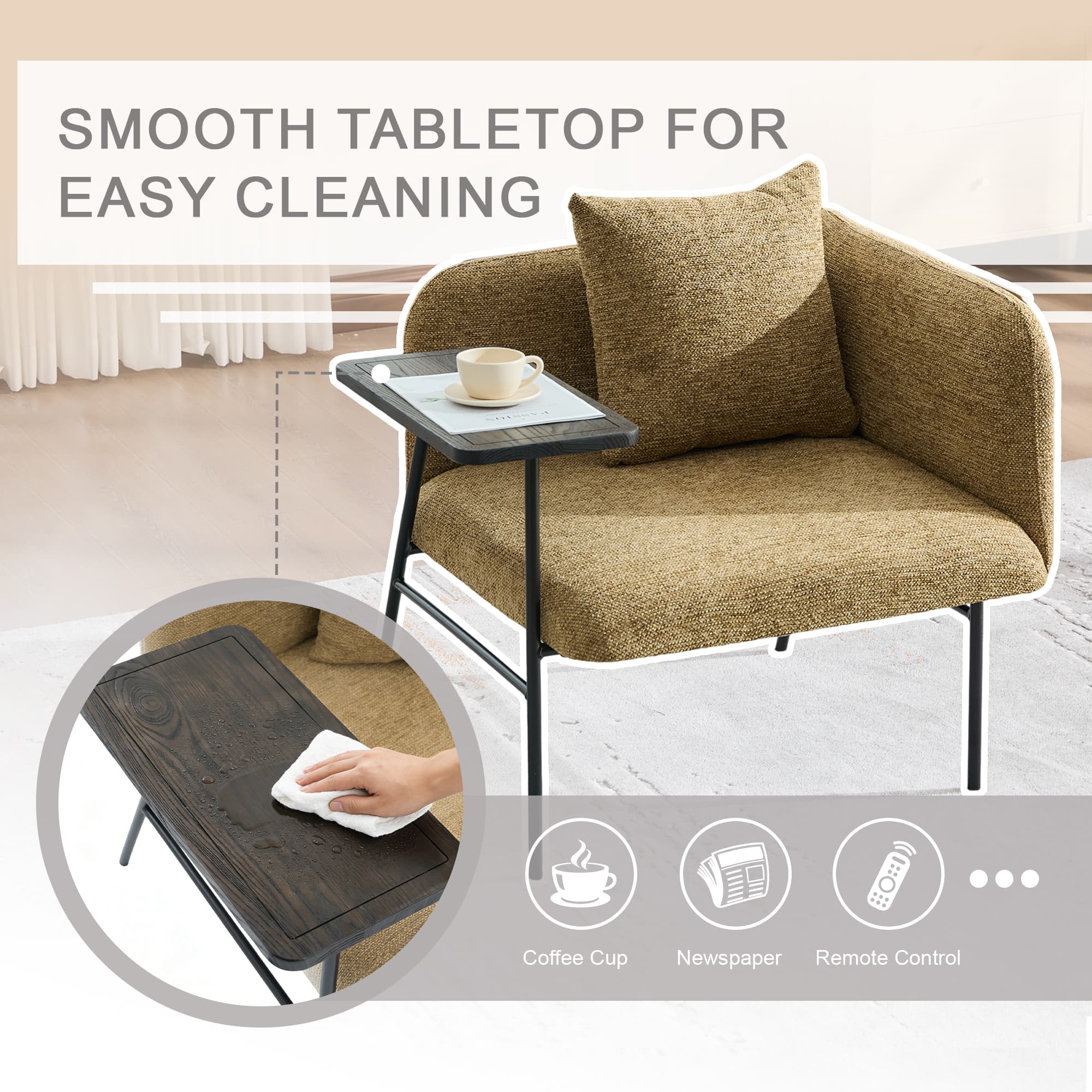 Leisure Chair, Lounge Relaxing Chair With Small Table And Back Pillow, Modern Upholstered Chairs With Metal Legs And Side Pockets , Single Sofa For Living Room Bedroom Garden 3