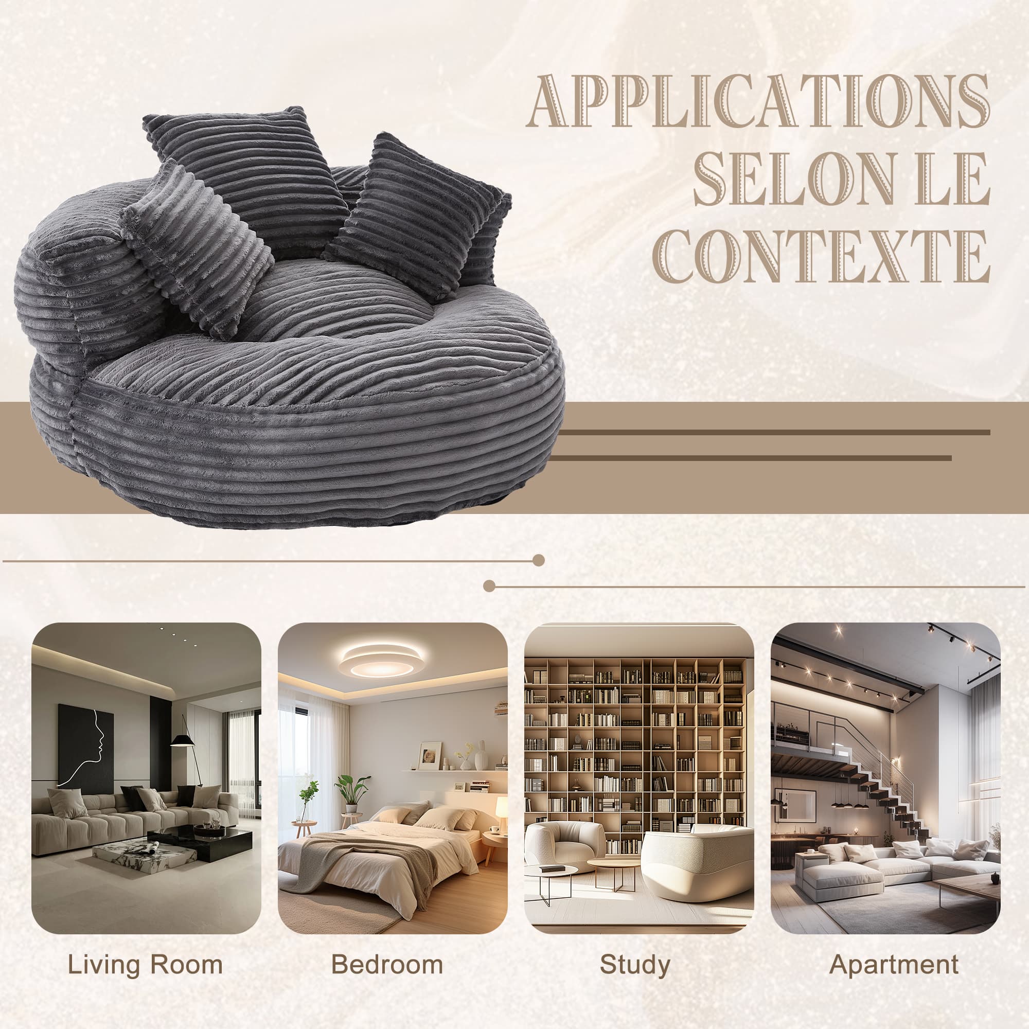 Bean Bag Chairs, Bean Bag Sofa For Adults, Kids,Oversized Corduroy Bean Bag Chair With 3 Pillows & Armrest,Beanbag Chair & Lazy Sofa With Foam Filler For Bedroom Living Room Dorm 2