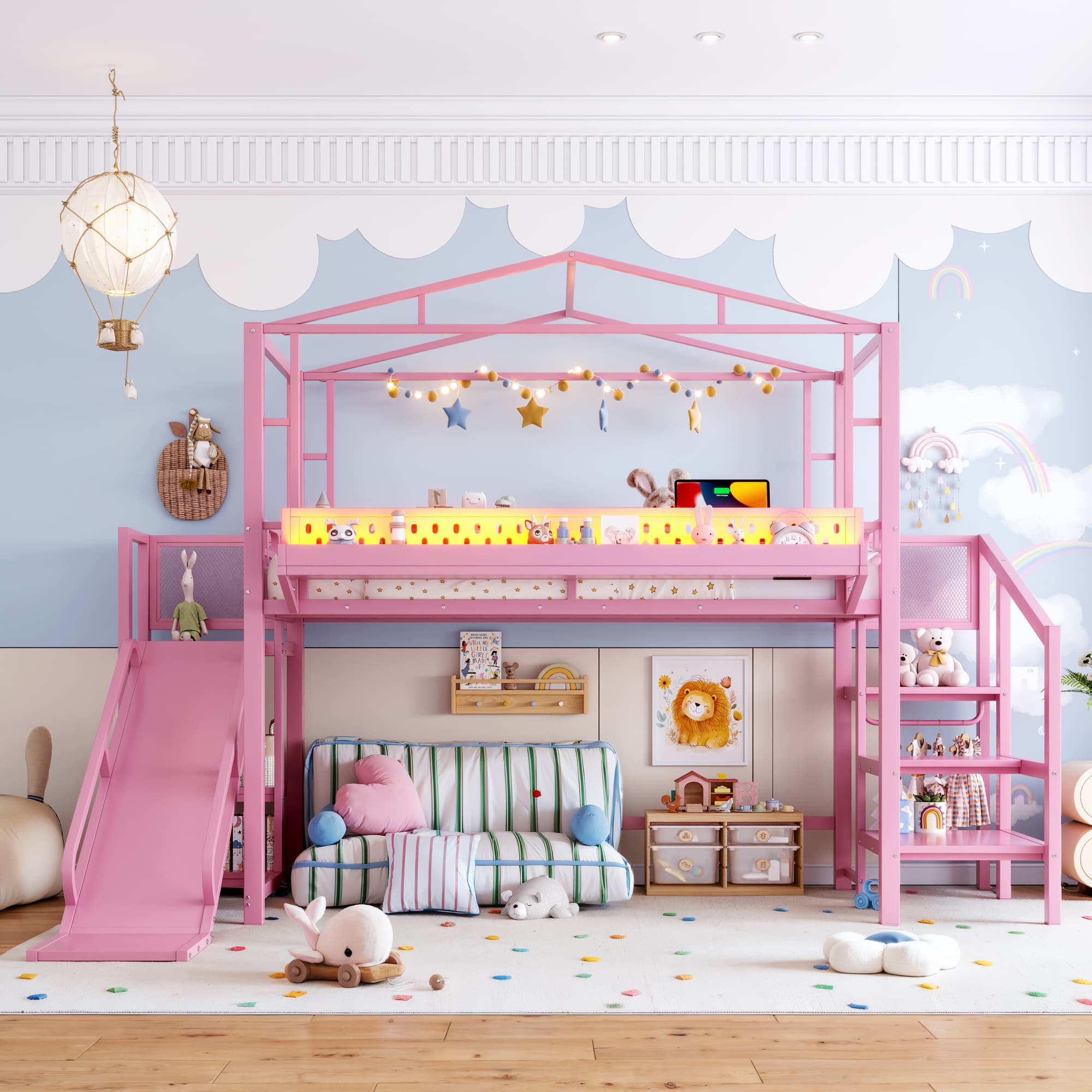 Twin Size Loft Bed With Storage Stairs, Shelves And Built-in Wardrobe, Metal Loft Bed Frame With USB Ports And LED Lights, Noise-reduced Design, Pink 4
