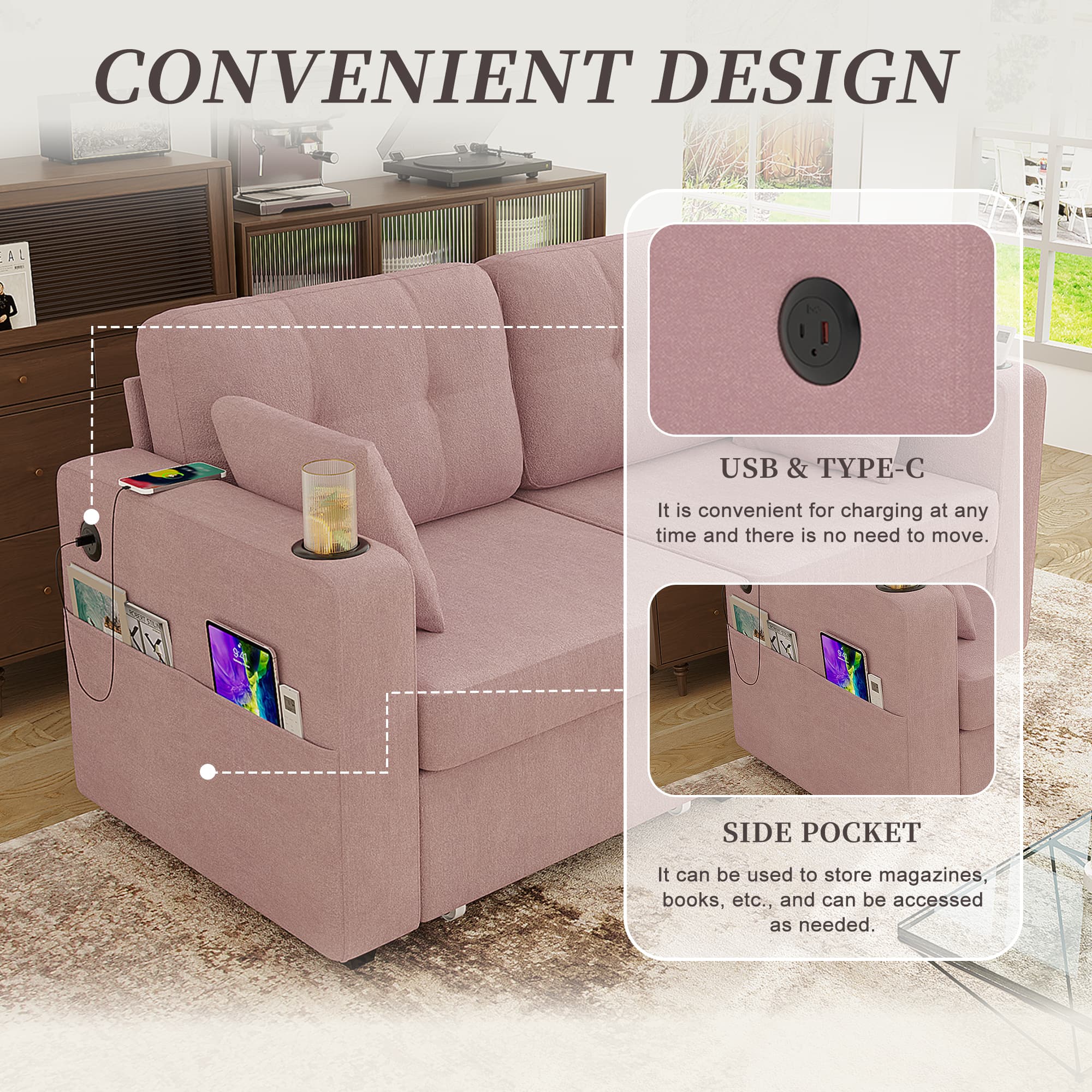 Sofas For Living Room, Couch Set,3 Seats Sofa, USB Charging,Wood Frame,Easy To Install,with Storage, Charging Station,Cup Holder,Modern Sectional Sofas For Living Room, Apartment,Chenille Fabric 2