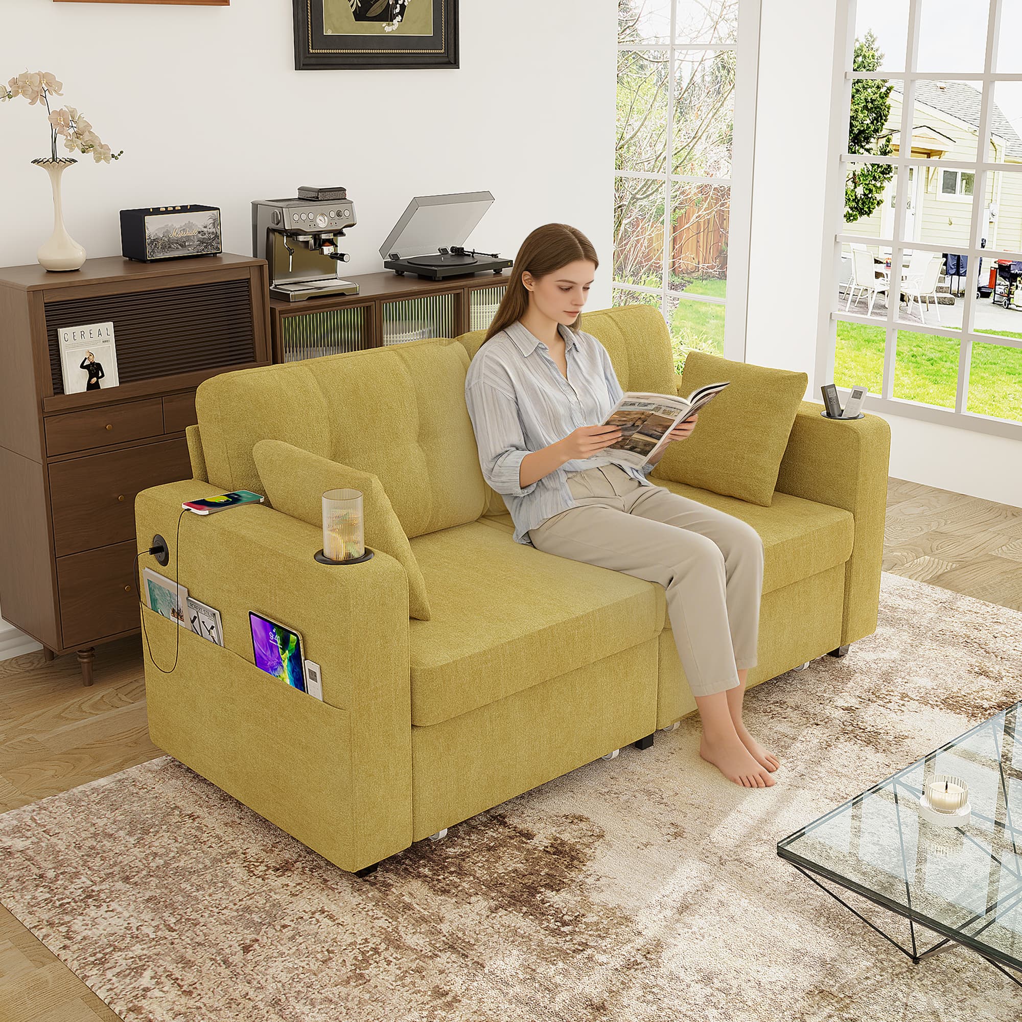 Sofas For Living Room, Couch Set,3 Seats Sofa, USB Charging,Wood Frame,Easy To Install,with Storage, Charging Station,Cup Holder,Modern Sectional Sofas For Living Room, Apartment,Chenille Fabric 5