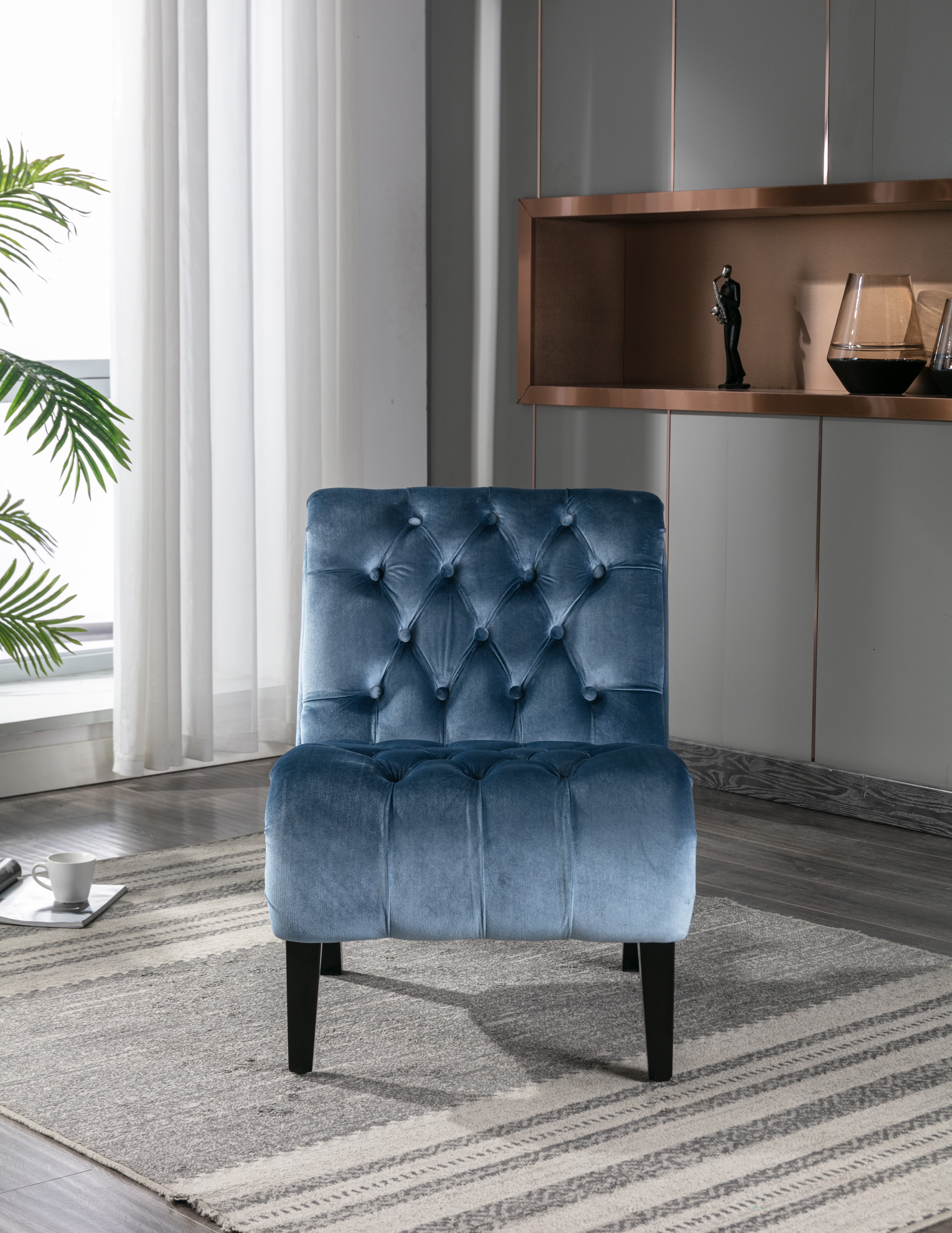 COOLMORE Modern Velvet Armless Accent Living Room Chair Leisure Chair,Upholstered Fabric Button Comfortable Chair With Wooden Legs For Bedroom, Living Room, Office Light Blue Velvet 3
