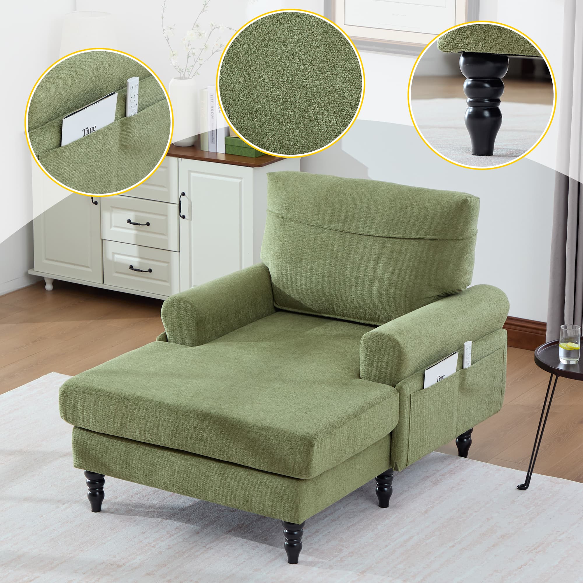 Modern Minimalist Chenille Fabric Chaise Lounge Recliner Single Sofa Living Room Bedroom Rest Chair Wooden Sofa Legs With Comfortable Backrest And Armrests Side Pockets For Storage Suitable For Office 2
