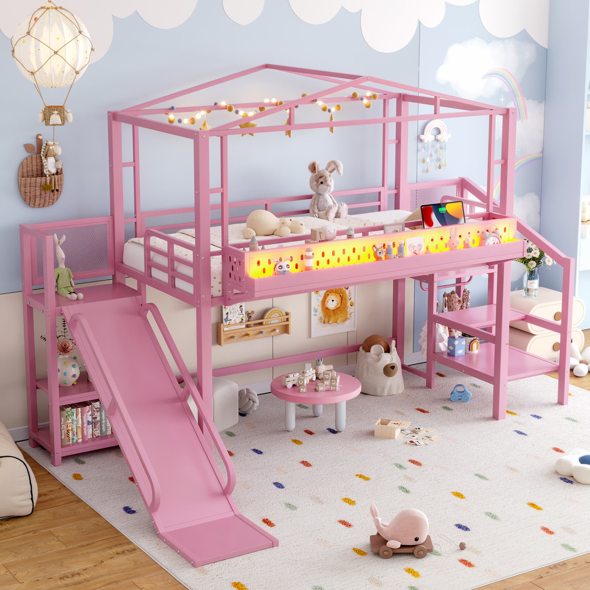 Twin Size Loft Bed With Storage Stairs, Shelves And Built-in Wardrobe, Metal Loft Bed Frame With USB Ports And LED Lights, Noise-reduced Design, Pink 5