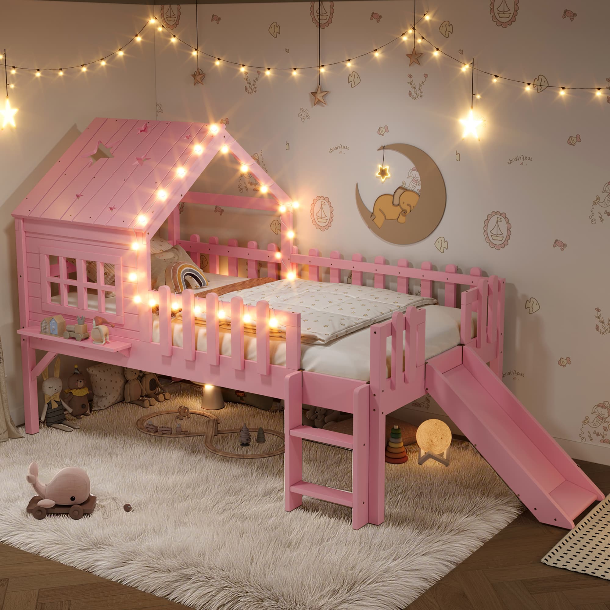 Twin Size House Loft Bed With Slide,Playhouse Bed With Star-shaped Designs And Window, Chic Design With LED Lights,No Box Spring Needed,Pink 4